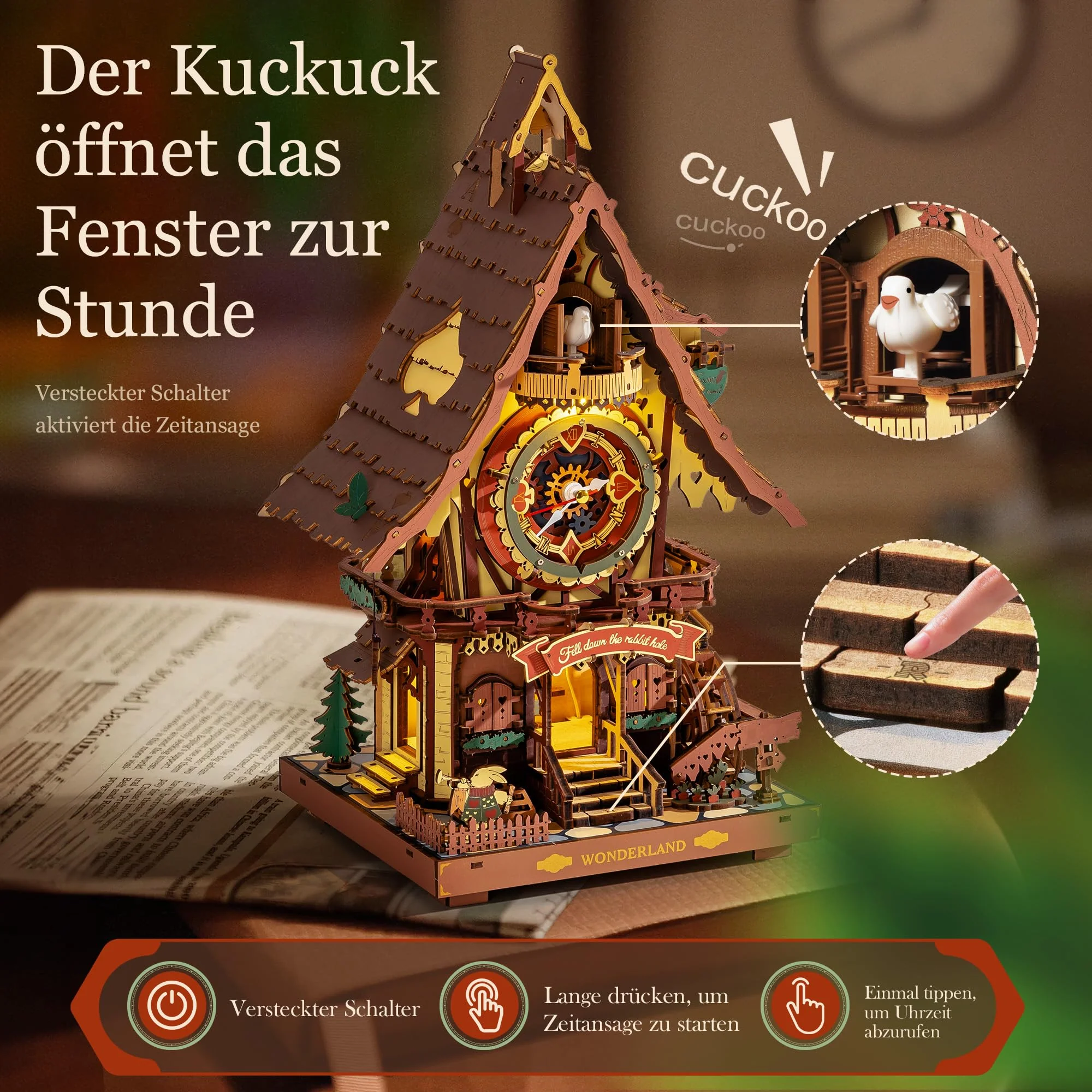 ROBOTIME LC901C 3D-Puzzle-Kuckucksuhr für Erwachsene, Holzpuzzle-Modellbausätze zum Bauen, Arbeitsuhr mit Kuckuck-Sound, Heimdekoration, Handwerk, Geschenk für Jugendliche und Erwachsene - Image 6