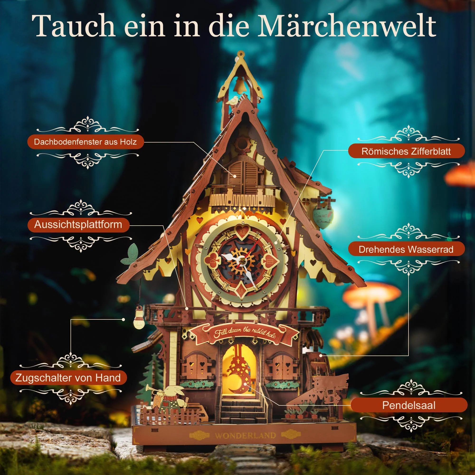 ROBOTIME LC901C 3D-Puzzle-Kuckucksuhr für Erwachsene, Holzpuzzle-Modellbausätze zum Bauen, Arbeitsuhr mit Kuckuck-Sound, Heimdekoration, Handwerk, Geschenk für Jugendliche und Erwachsene - Image 7