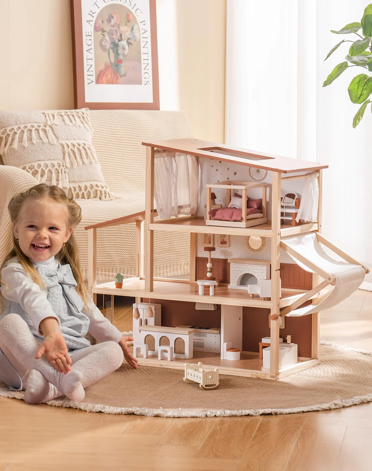 ROBUD Puppenhaus Holz, Böhmischen Stil 3-Stöckiges Puppenhaus mit 37 Realistische Zubehör & Möbel, Kinder Dollhouse Spielzeug Geschenke ab 3 Jahre Mädchen - Image 2