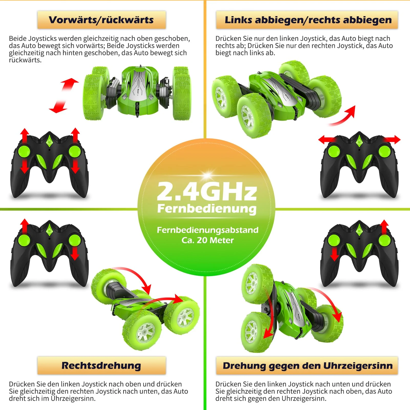 Rodzon Ferngesteuertes Auto 3 4 5 6 7 8 9 Jahre Spiele LED Blinken RC Auto Spielzeug Jungen Mädchen Geschenke Kinder Toy 2.4Ghz 4WD 360° Flipper Drift RC Car mit 2 Aufladbarer Batterien (Grün) - Image 3