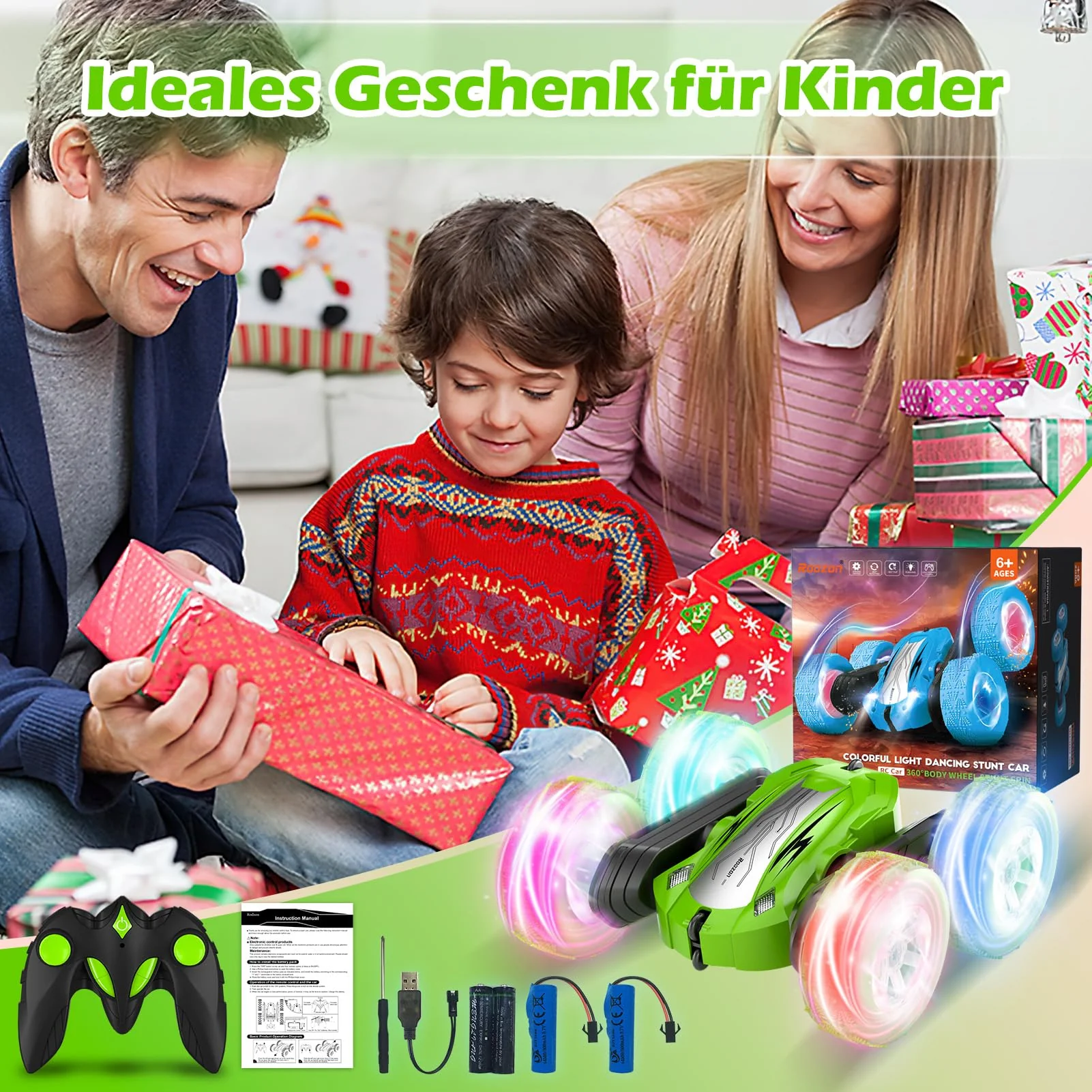 Rodzon Ferngesteuertes Auto 3 4 5 6 7 8 9 Jahre Spiele LED Blinken RC Auto Spielzeug Jungen Mädchen Geschenke Kinder Toy 2.4Ghz 4WD 360° Flipper Drift RC Car mit 2 Aufladbarer Batterien (Grün) - Image 4
