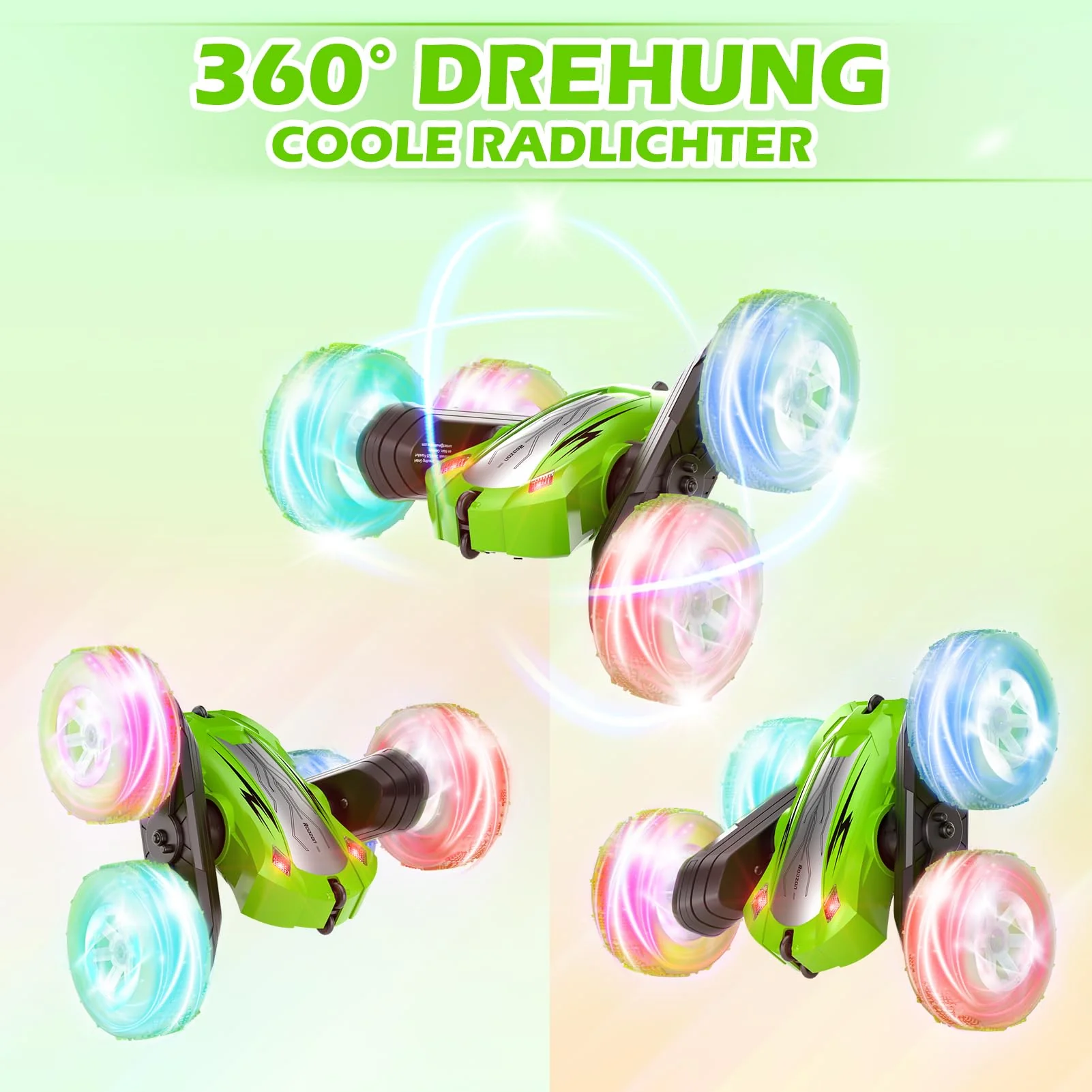 Rodzon Ferngesteuertes Auto 3 4 5 6 7 8 9 Jahre Spiele LED Blinken RC Auto Spielzeug Jungen Mädchen Geschenke Kinder Toy 2.4Ghz 4WD 360° Flipper Drift RC Car mit 2 Aufladbarer Batterien (Grün) - Image 7