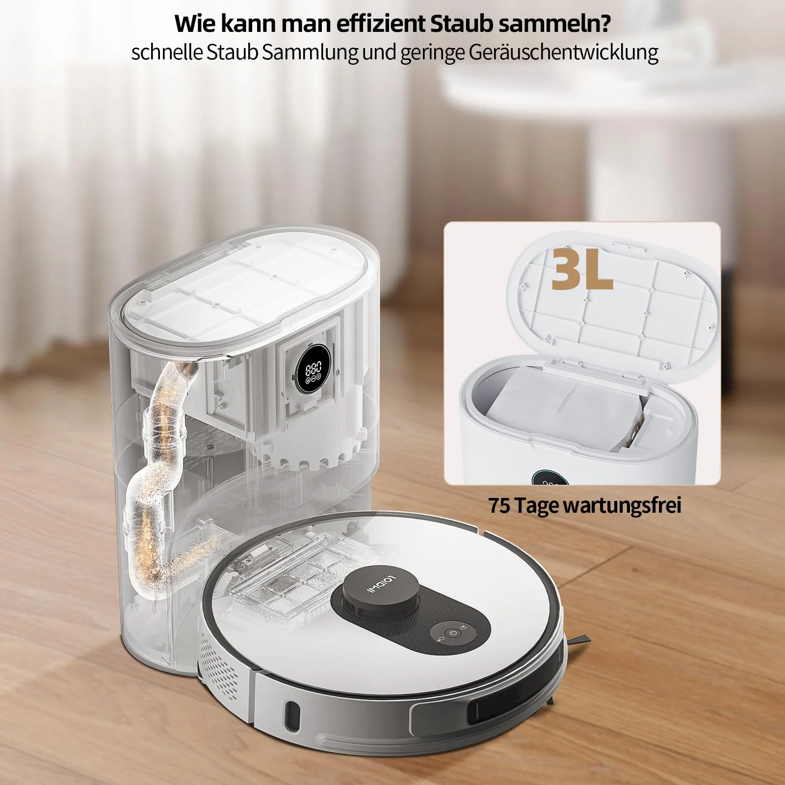 ROIDMI EVE MAX Saugroboter mit Wischfunktion - 5000Pa Staubsauger Roboter mit Absaugstation Selbstreinigung 75 Tage Mopphebung & Schwingwisch 5200mAh Sprachsteuerung für Tierhaare Teppiche Hartboden - Image 3
