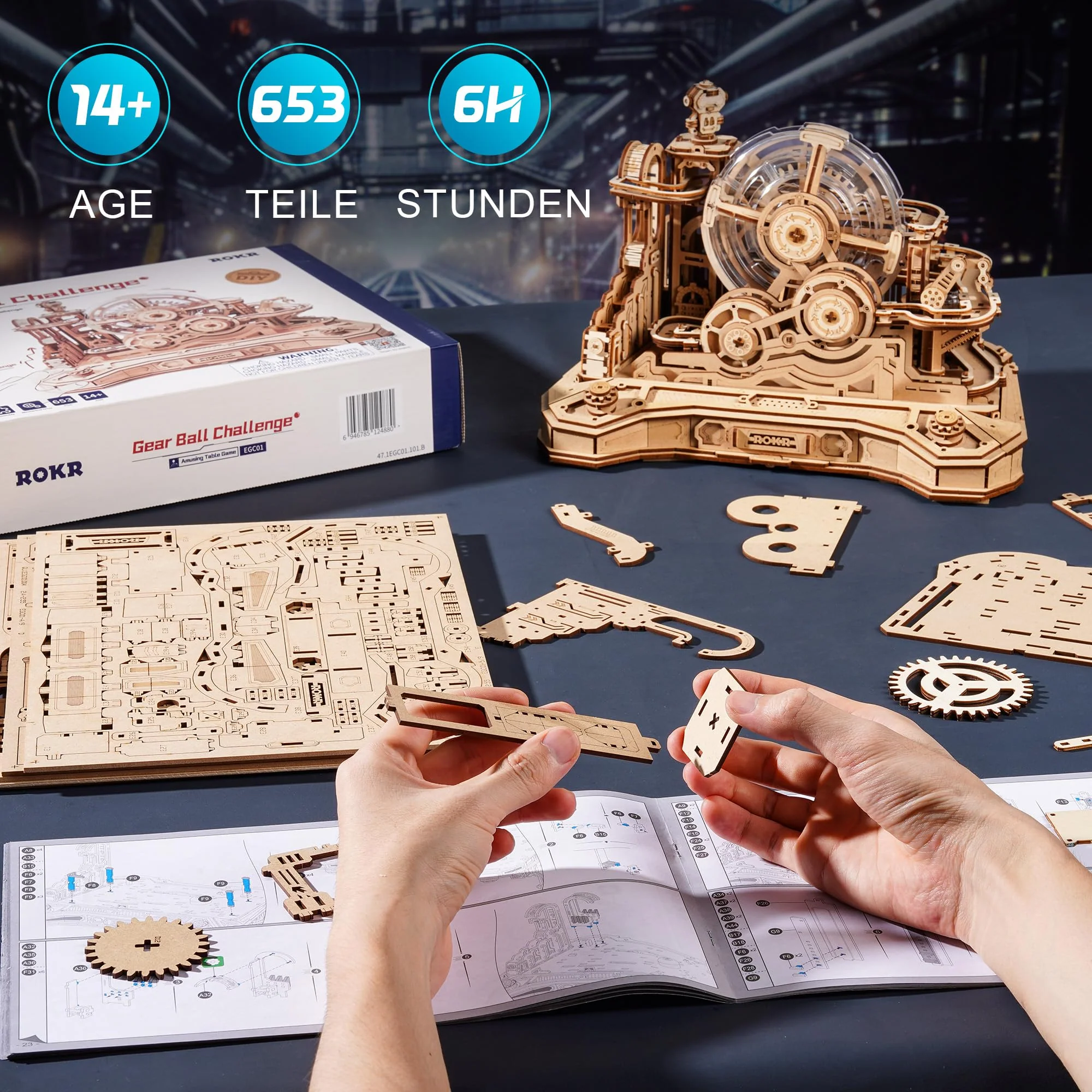 ROKR 3D Puzzle Holz Kugelbahn Modellbausatz,Gear Ball Challenge Bauspielzeug,Holzpuzzle DIY Geschenke für Männer und Kinder - Image 5
