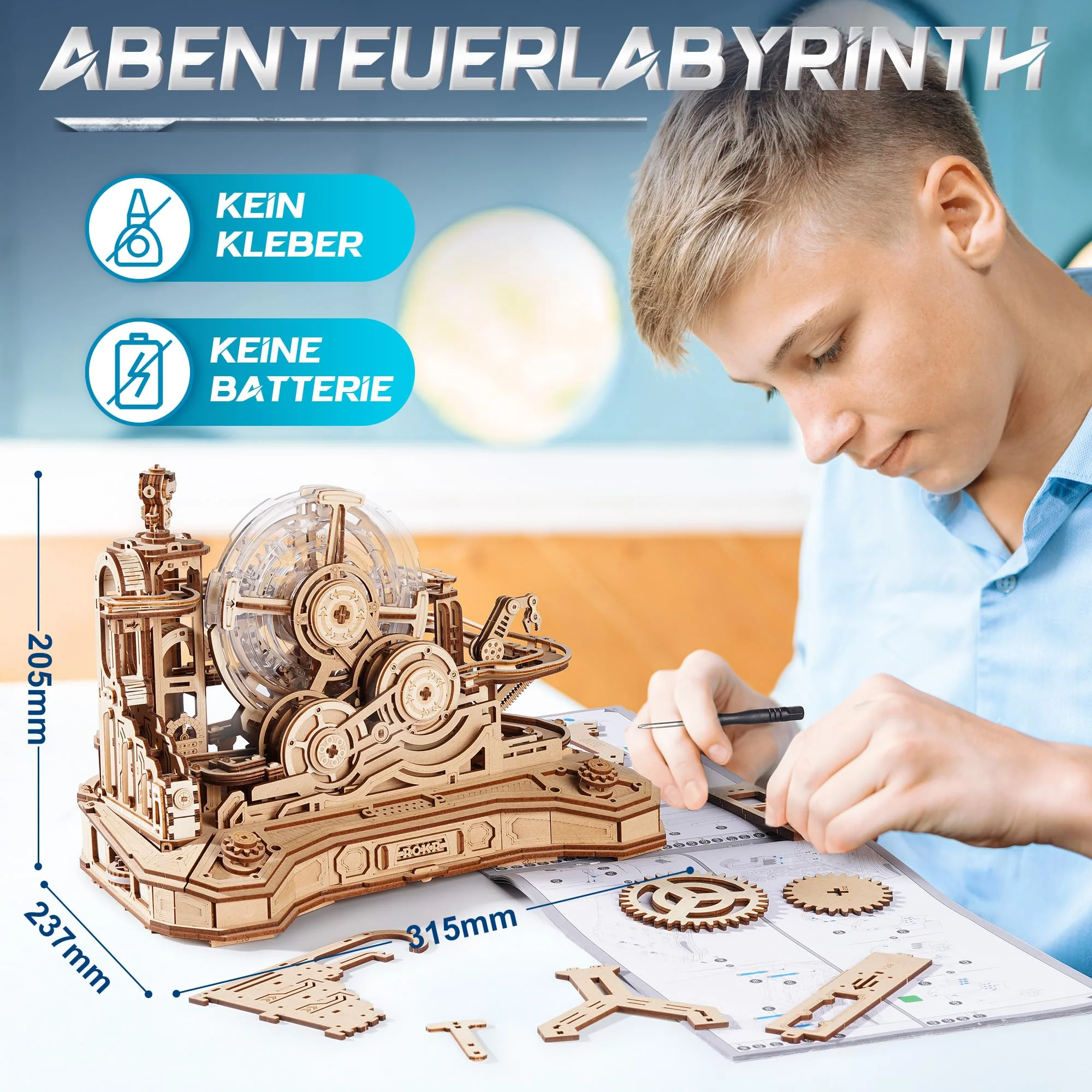 ROKR 3D Puzzle Holz Kugelbahn Modellbausatz,Gear Ball Challenge Bauspielzeug,Holzpuzzle DIY Geschenke für Männer und Kinder - Image 6