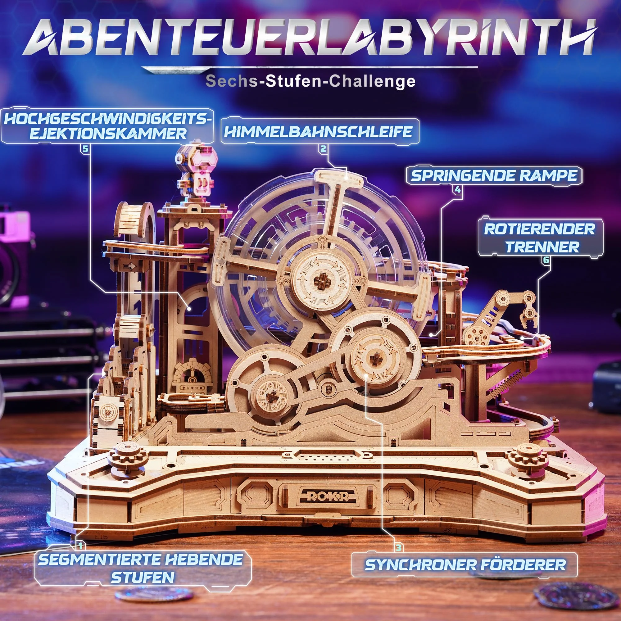 ROKR 3D Puzzle Holz Kugelbahn Modellbausatz,Gear Ball Challenge Bauspielzeug,Holzpuzzle DIY Geschenke für Männer und Kinder - Image 8