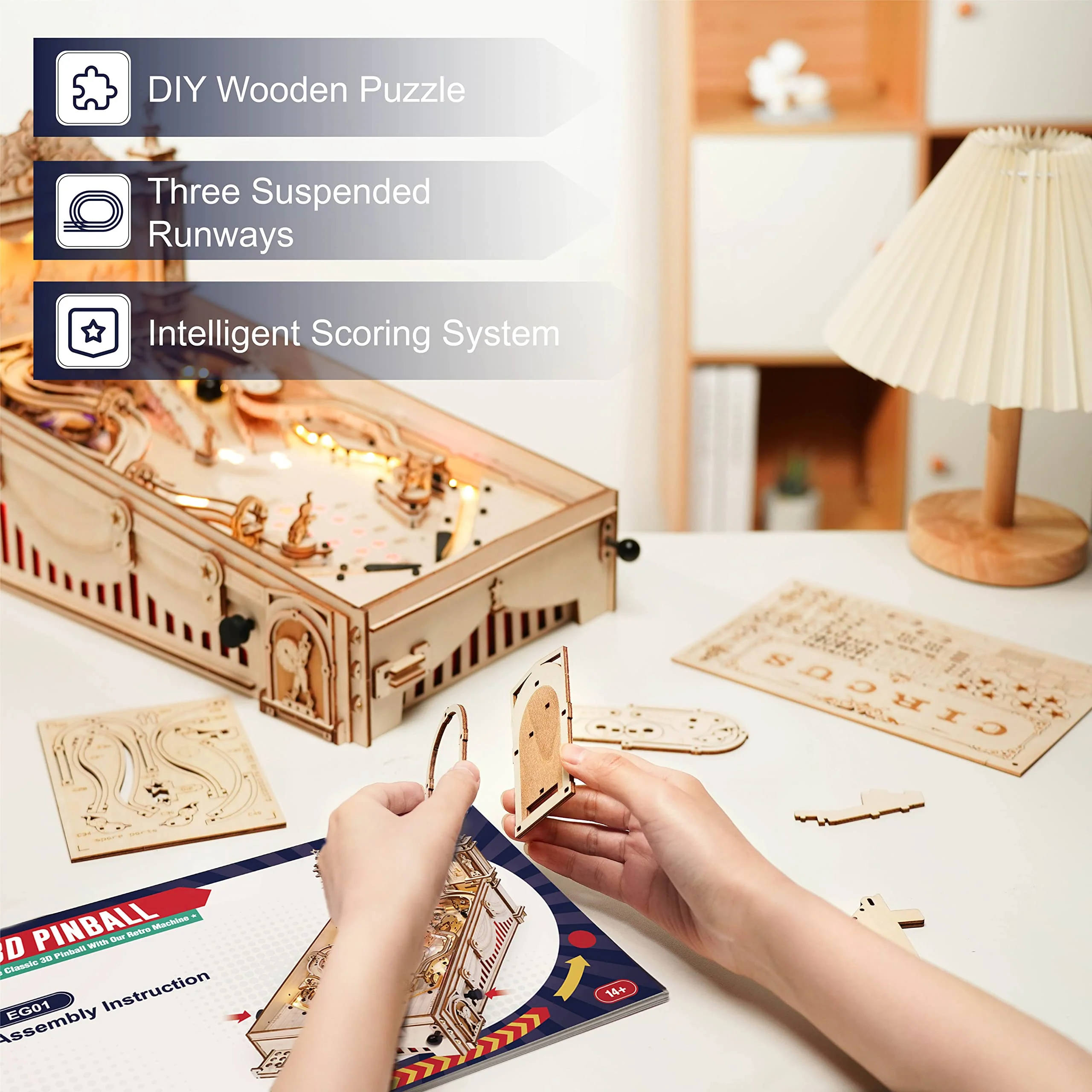 ROKR Holz Pinball Flipper Modellbausatz 3D Holzpuzzle Erwachsene Flipperautomat Tischspiel Geschenkidee für Männer Frauen - Image 5