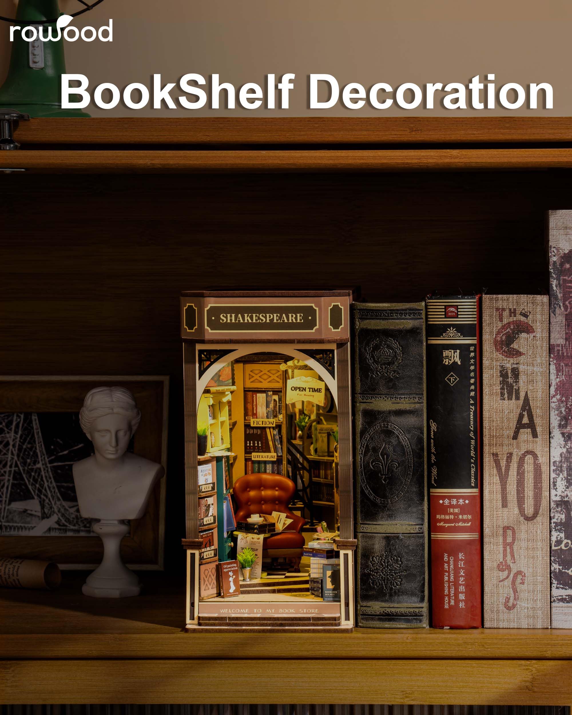 Rolife Book Nook Kit Buchstützen DIY Miniatur Haus 3D Puzzles Holz Book Nook Diorama Modelbau für Erwachsene Modellbausatz Weihnachten Geburtstag Geschenke (Buchhandlungen) - Image 2