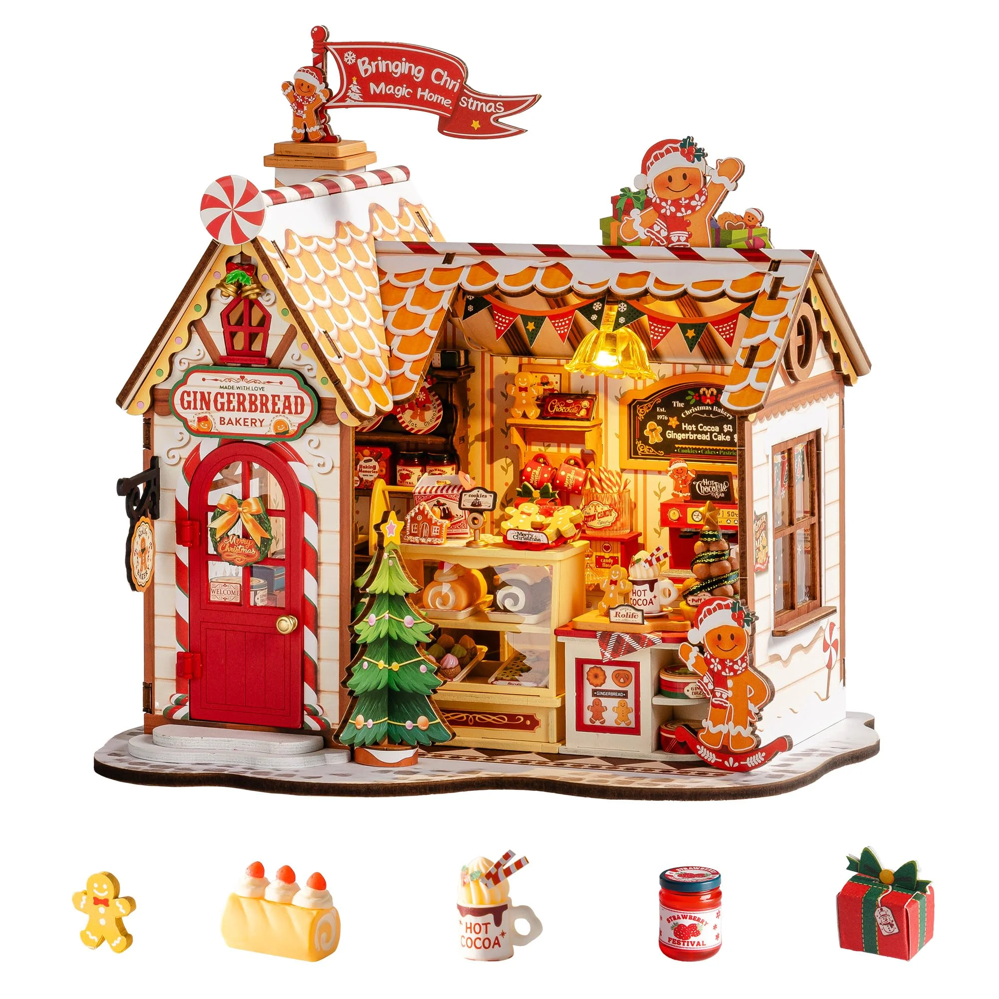 Rolife Miniatur Haus Weihnachtslebkuchenhaus, 250-teiliges Mini Haus Selber Bauen Bastelset Erwachsene für Jugendliche Kein Kleber erforderlich, Puppenhaus Tiny House Bausatz 3D Puzzle Weihnachtsdeko