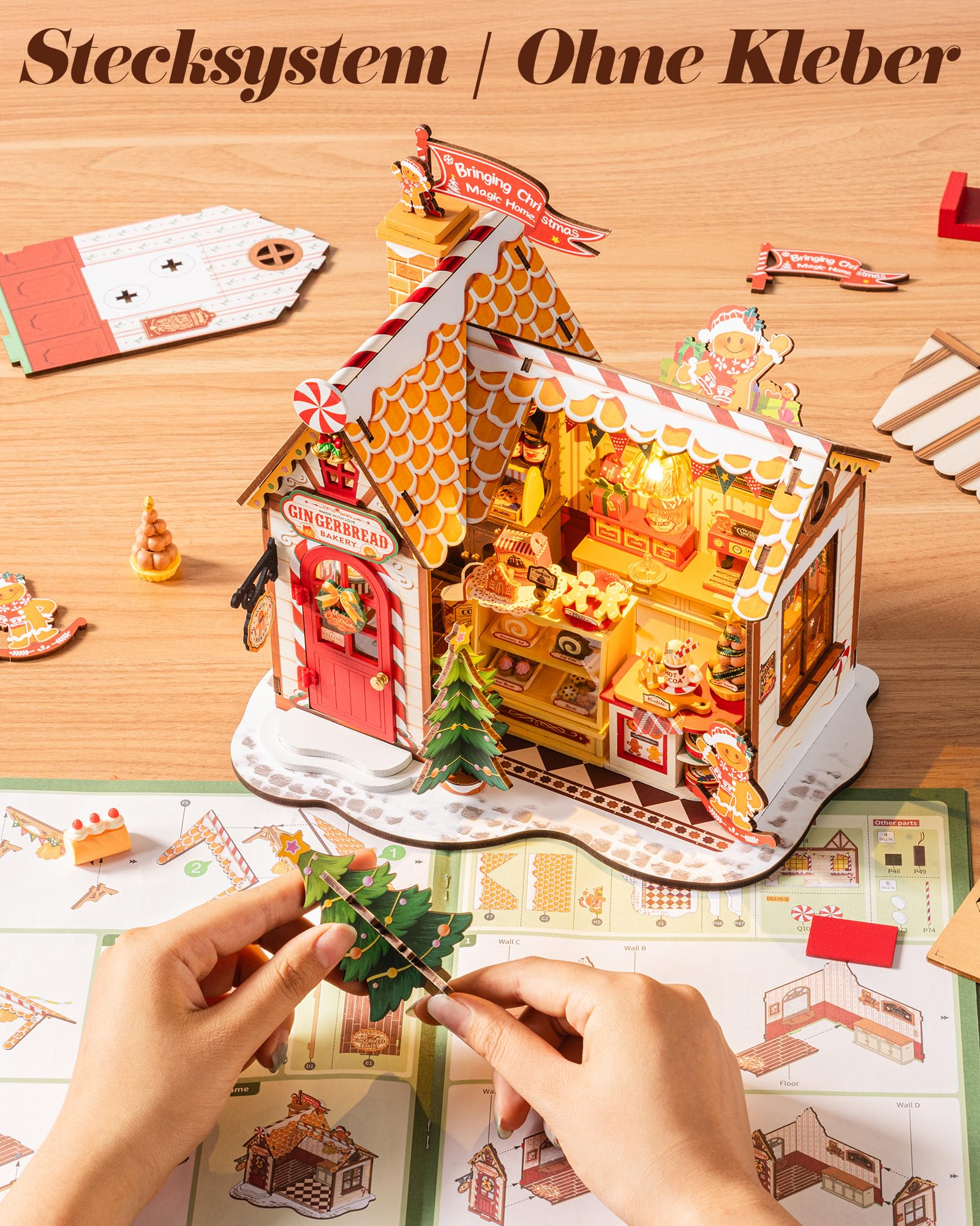 Rolife Miniatur Haus Weihnachtslebkuchenhaus, 250-teiliges Mini Haus Selber Bauen Bastelset Erwachsene für Jugendliche Kein Kleber erforderlich, Puppenhaus Tiny House Bausatz 3D Puzzle Weihnachtsdeko - Image 7