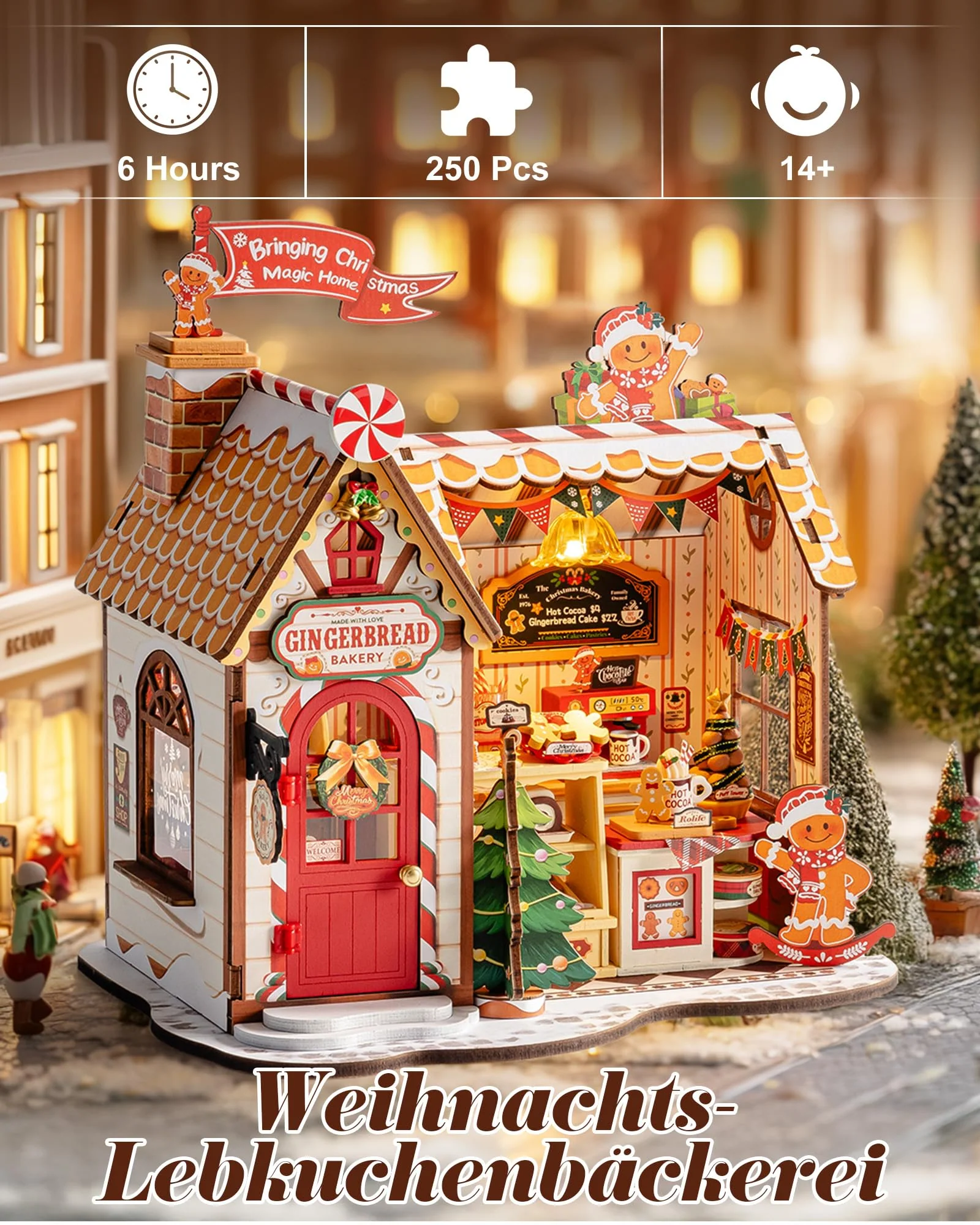 Rolife Miniatur Haus Weihnachtslebkuchenhaus, 250-teiliges Mini Haus Selber Bauen Bastelset Erwachsene für Jugendliche Kein Kleber erforderlich, Puppenhaus Tiny House Bausatz 3D Puzzle Weihnachtsdeko - Image 8