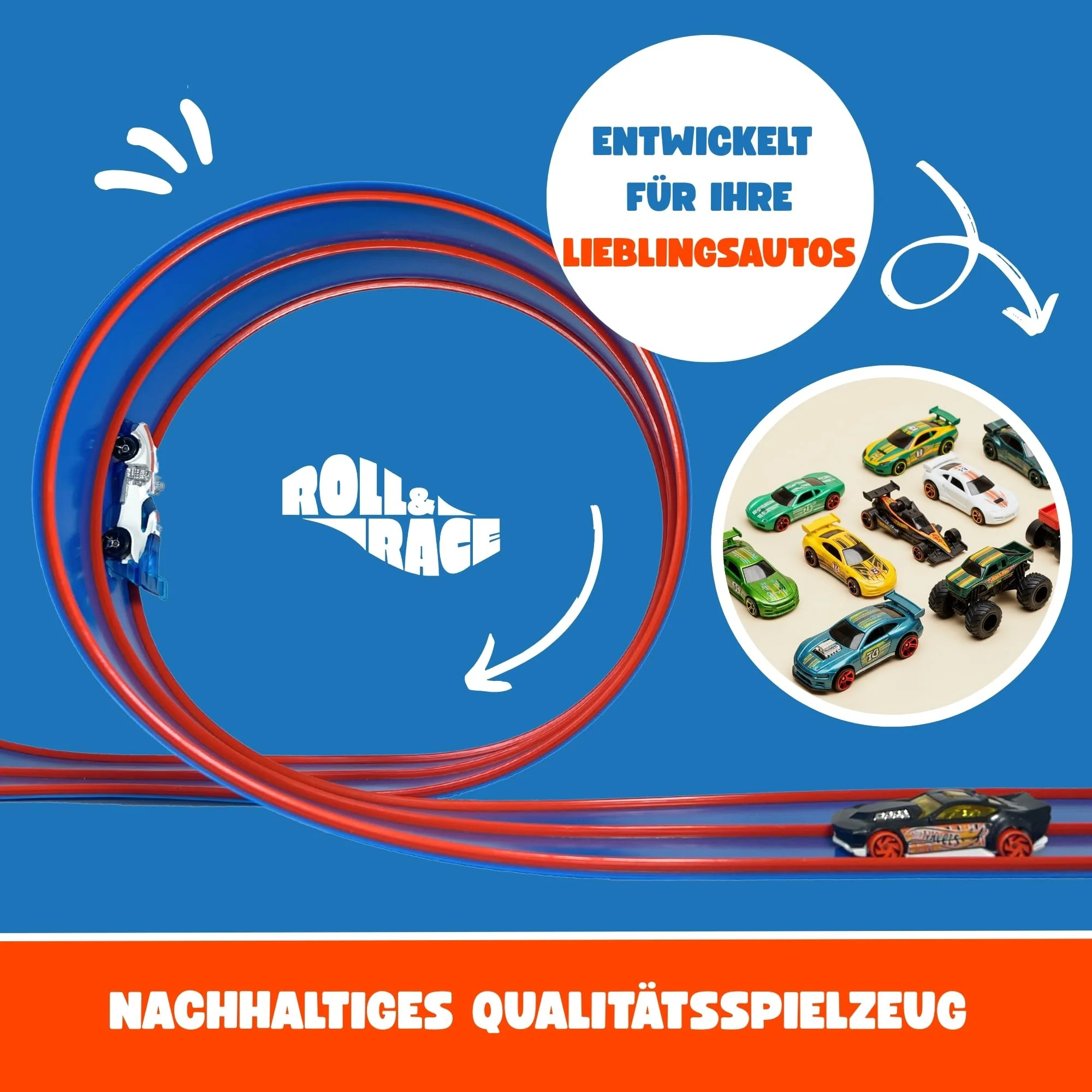 Roll&Race Flexible Spielzeugautorennbahn 400 cm - Made in EU - Aufrollbare Rennstrecke - Spielzeugauto-Rennstrecke - Rennbahn - Geschenk für Kinder - Gummistrecke Kinder - Flexible Car Track - Image 2