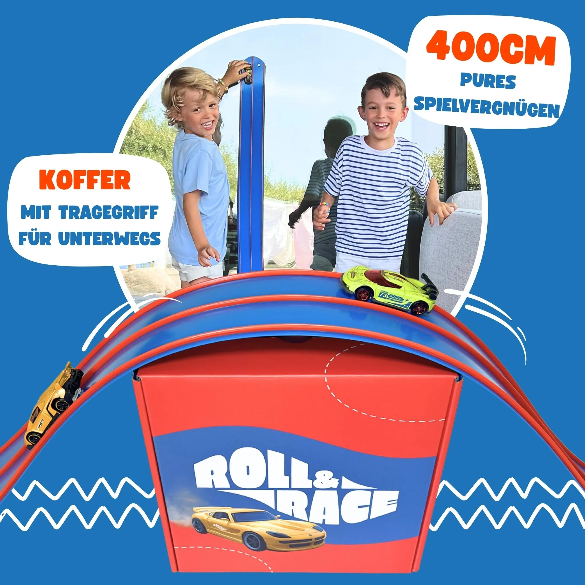Roll&Race Flexible Spielzeugautorennbahn 400 cm - Made in EU - Aufrollbare Rennstrecke - Spielzeugauto-Rennstrecke - Rennbahn - Geschenk für Kinder - Gummistrecke Kinder - Flexible Car Track - Image 5