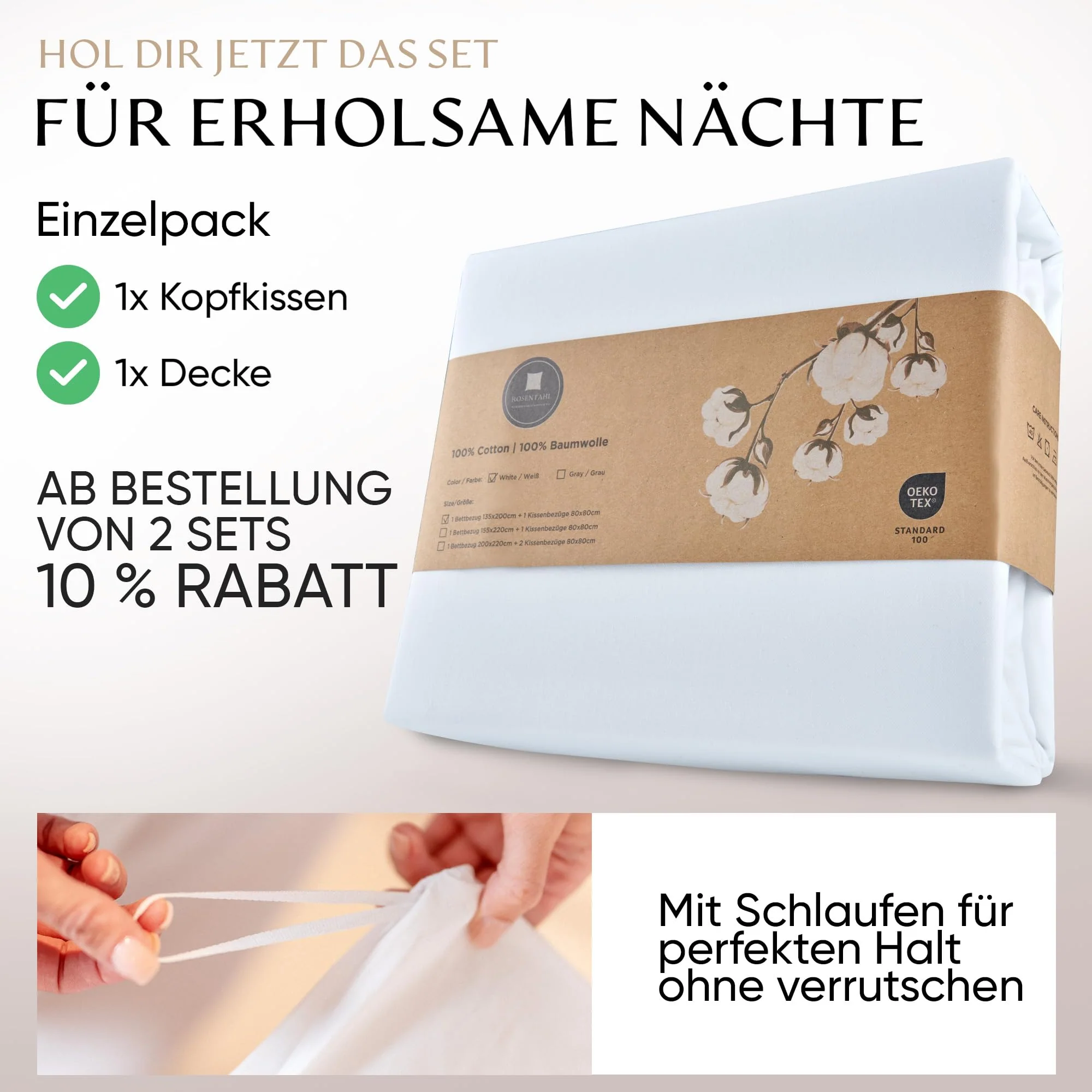 Rosentahl Baumwoll-Bettwäsche-Set atmungsaktiv Deckenbezug & Kissenbezug - Allergikerfreundlich, sorgt für erholsamen Schlaf ohne Hautirritationen - Bettbezug, Bettdeckenbezug,(Weiß, 200x220cm) 3tlg - Image 8