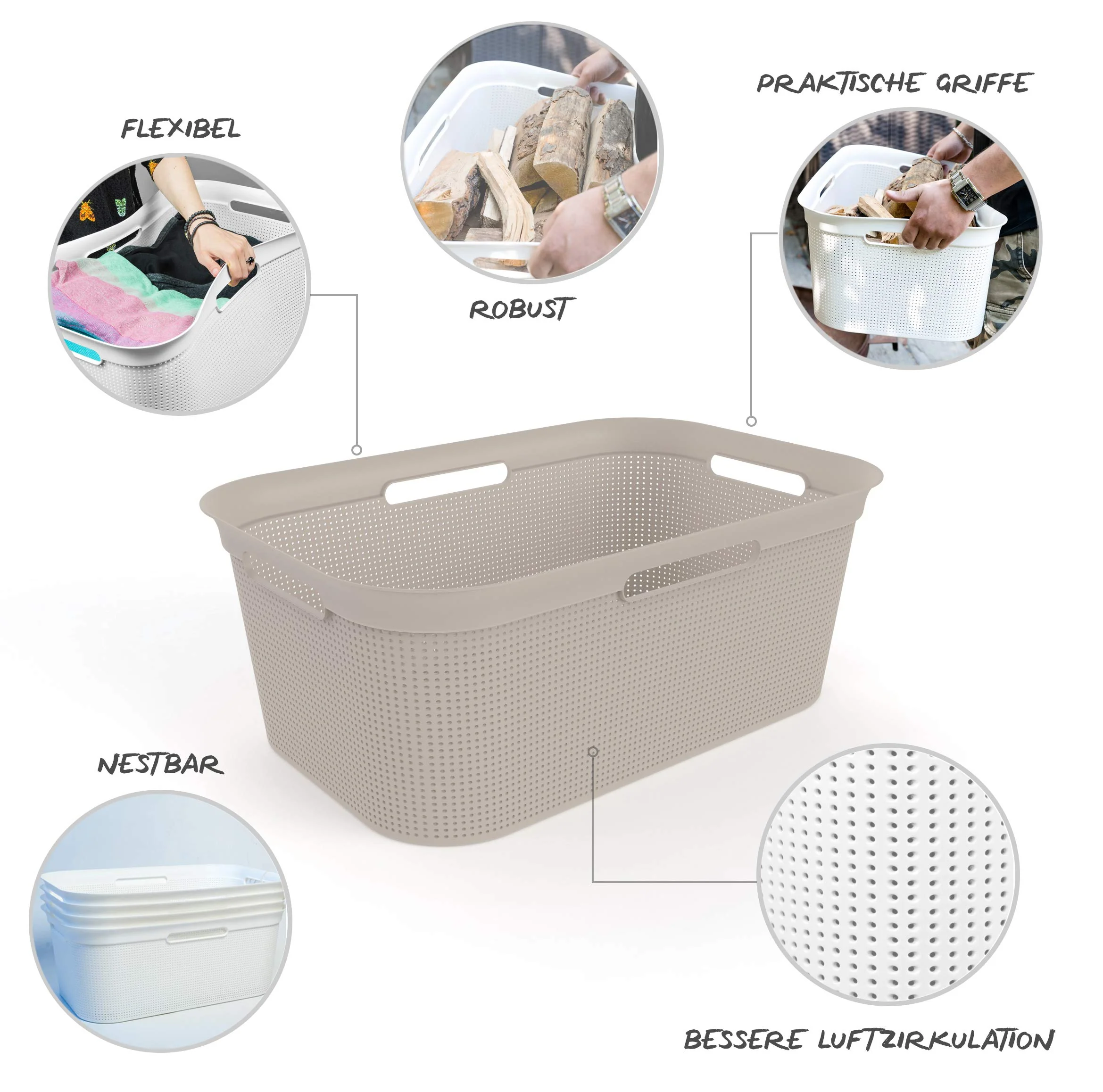 Rotho Brisen 4er-Set Wäschekorb 40l, Kunststoff (PP) BPA-frei, blau, 4 x 40l (59.6 x 39.6 x 23.2 cm)… (Beige) - Image 2