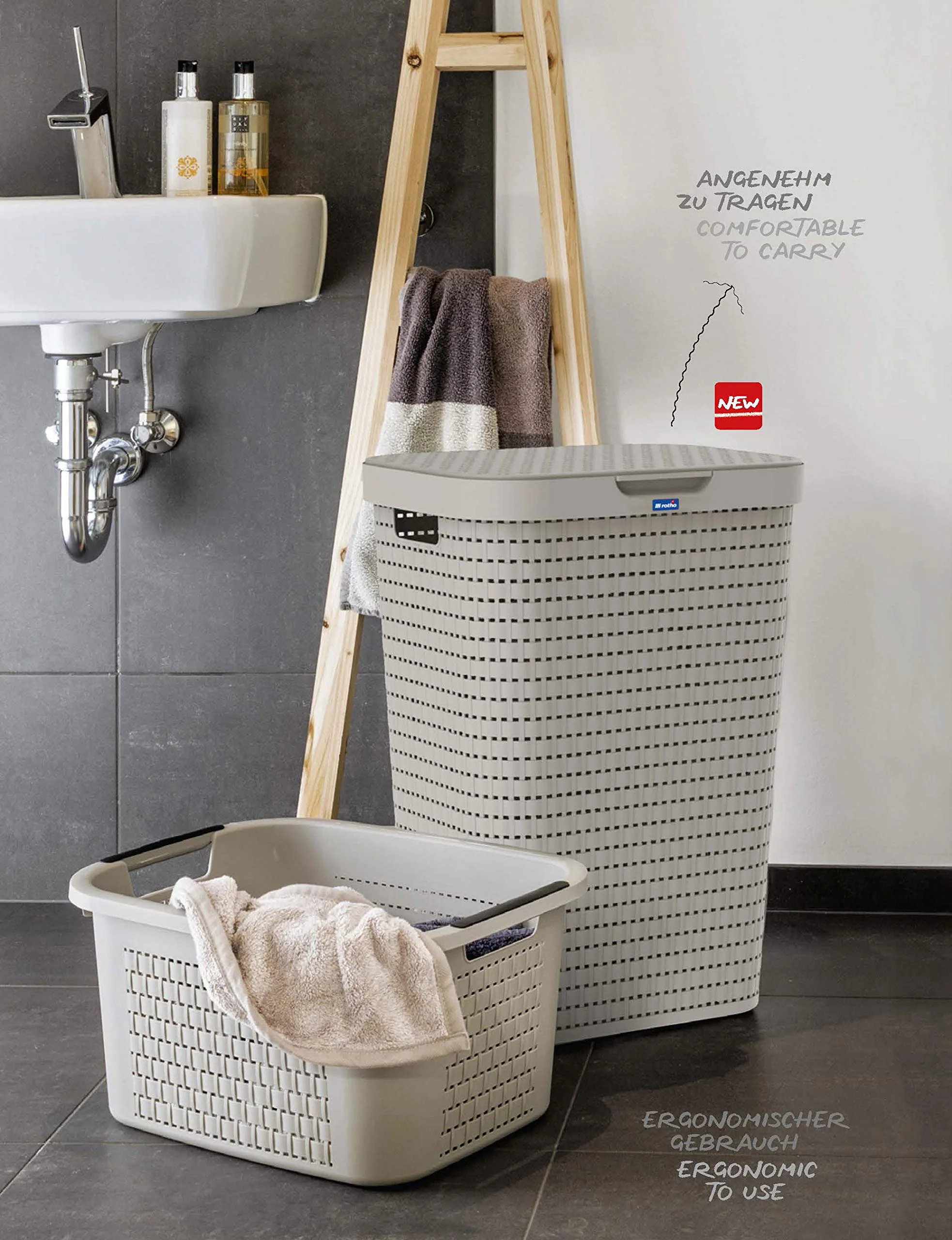 Rotho Country Wäschesammler 55l mit Deckel in Rattan-Optik, Kunststoff (PP) BPA-frei, anthrazit, 55l (42.0 x 32.2 x 57.7 cm) - Image 4