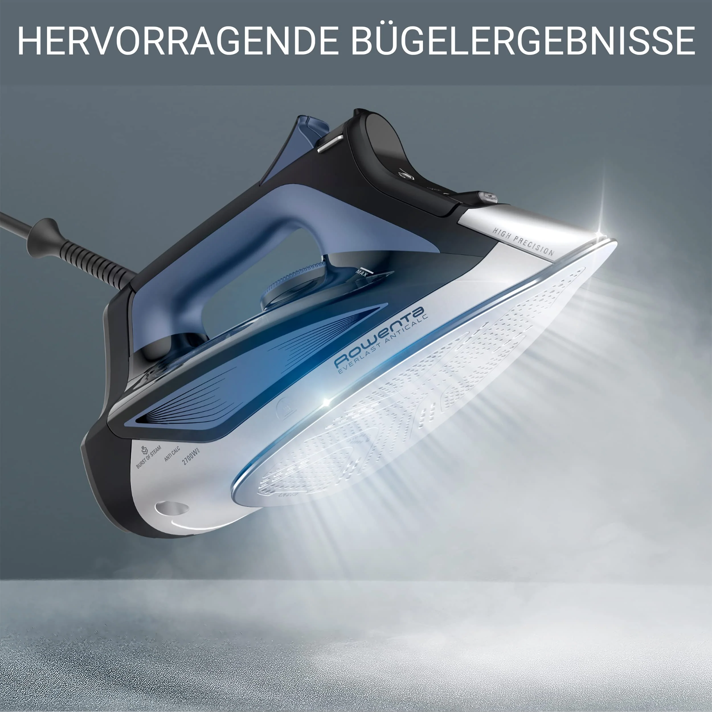 Rowenta Everlast Anticalc Dampfbügeleisen, 2700 W, 45 g/Min. kontinuierliche Dampfabgabe, 220 g/Min. Dampfstoß, Tropfstopp, Antikalk-System, 300 ml Wassertank, schwarz/blau, DW7320 - Image 4