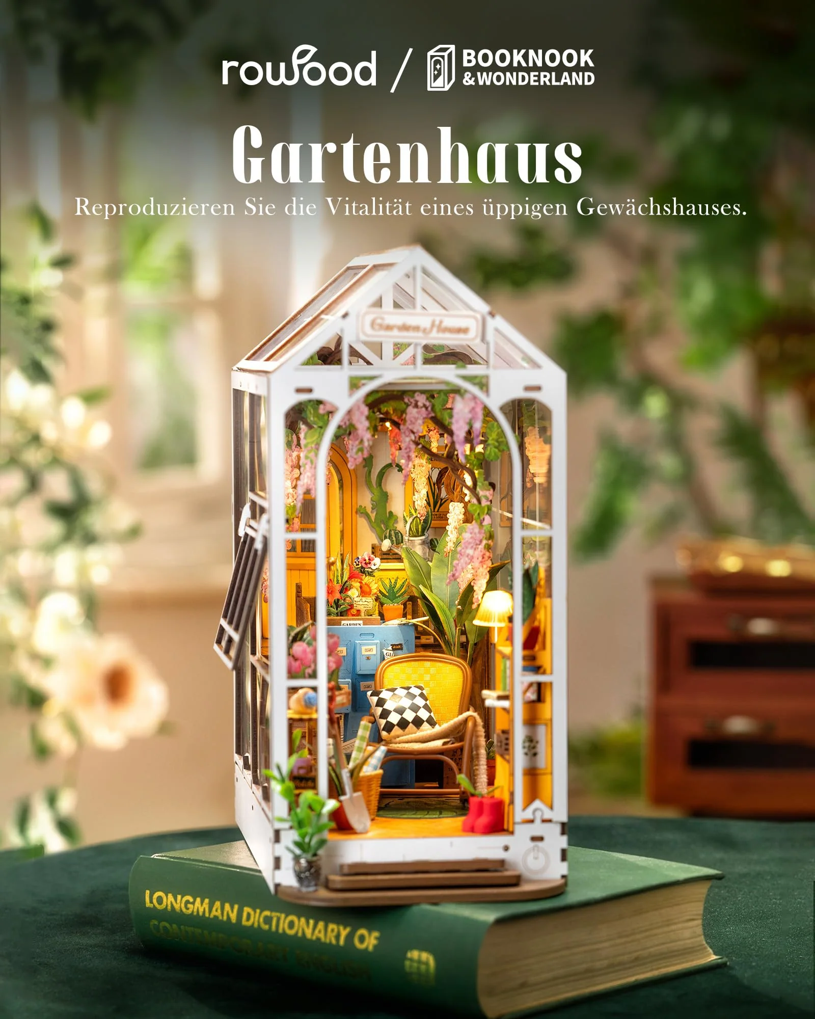 ROWOOD Book Nook Kit Gartenhaus, DIY Booknook Diorama Buchstütze Modellbausatz 3D Puzzle Aus Holz - Miniatur Haus Kit Bastelset Geschenke - Image 5