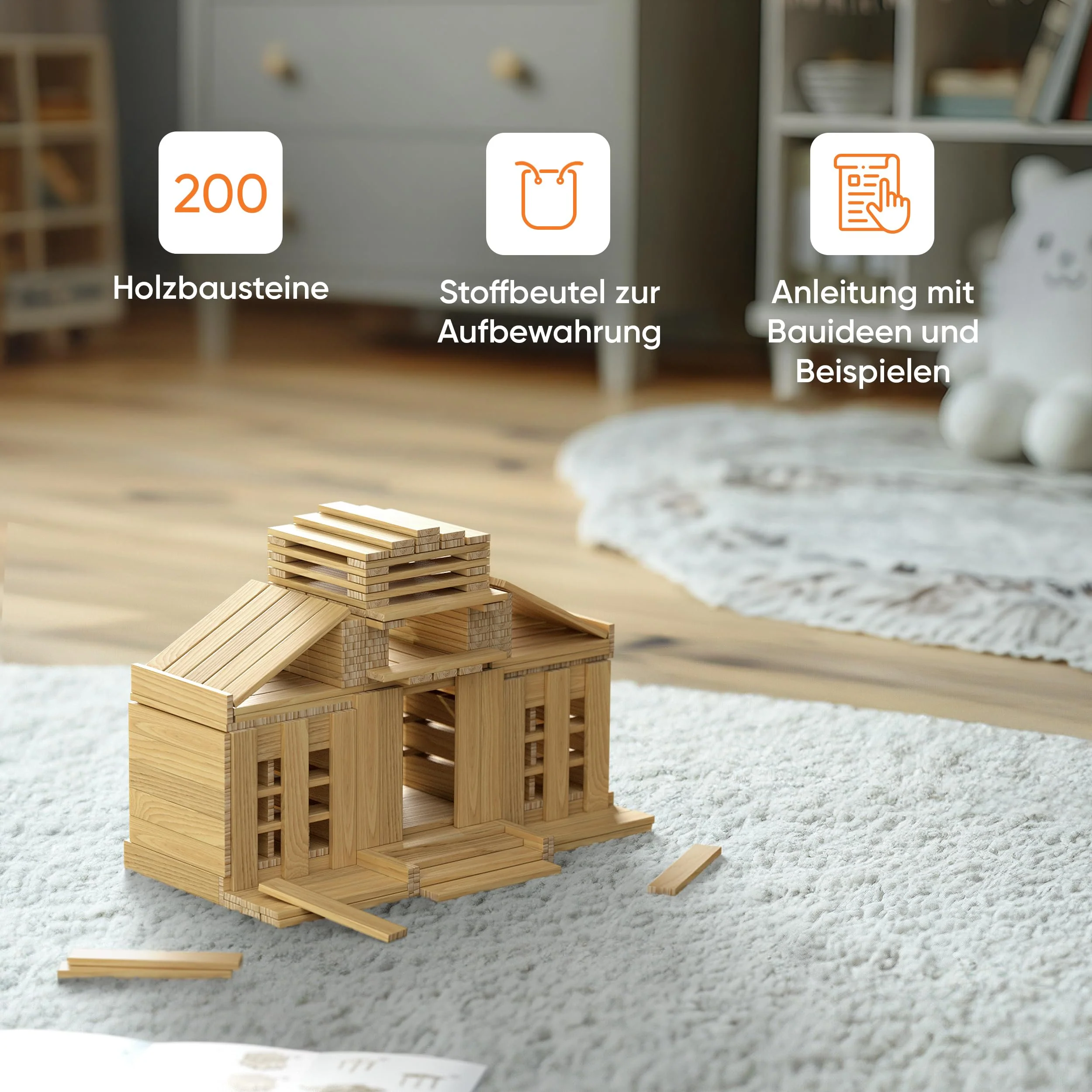ROXPLE Holzbausteine Natur 200 Stück, Montessori Spielzeug für Kinder ab 3 Jahren, Klötzchen zum Basteln, ideales Konstruktionsspielzeug mit Bausteine Holz, Holzklötze im Baumwollbeutel - Image 7