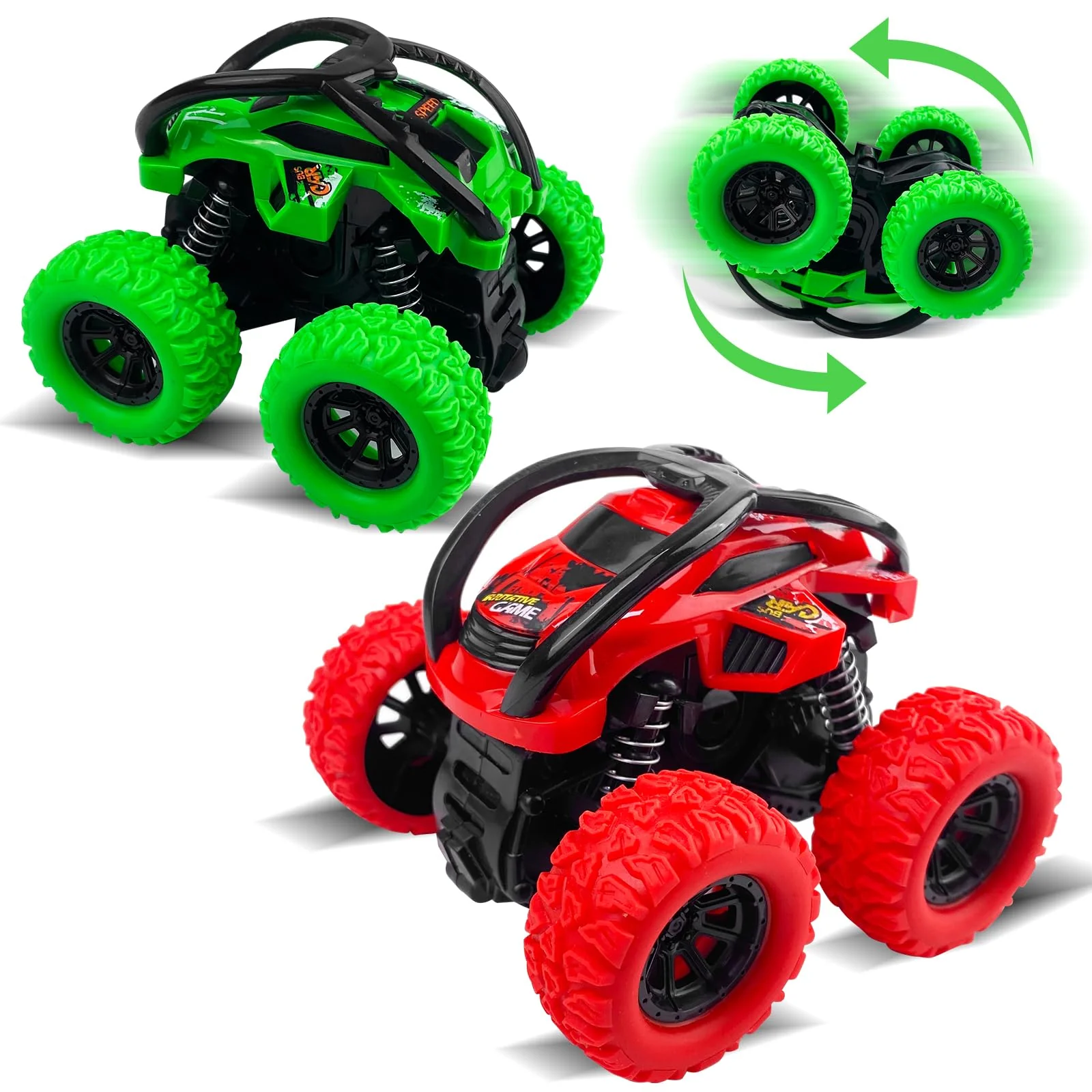 Rseuphiee 2 Stück Monster Truck, Trucks Spielzeug, Auto Kinder Spielzeug, Geländefahrzeug, Große Gummiräder 4x4 Power Trägheitsbetriebene Fahrzeuge, 360° Stunt Rotation, Rennwagen Spielset