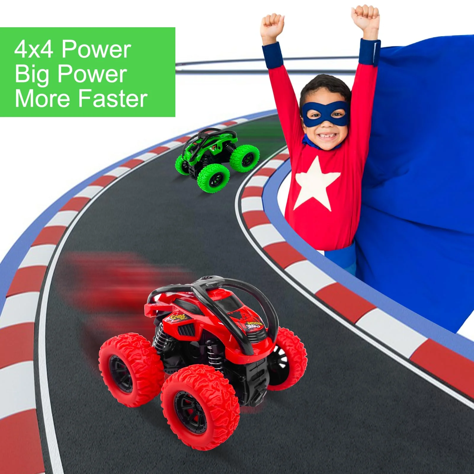 Rseuphiee 2 Stück Monster Truck, Trucks Spielzeug, Auto Kinder Spielzeug, Geländefahrzeug, Große Gummiräder 4x4 Power Trägheitsbetriebene Fahrzeuge, 360° Stunt Rotation, Rennwagen Spielset - Image 3