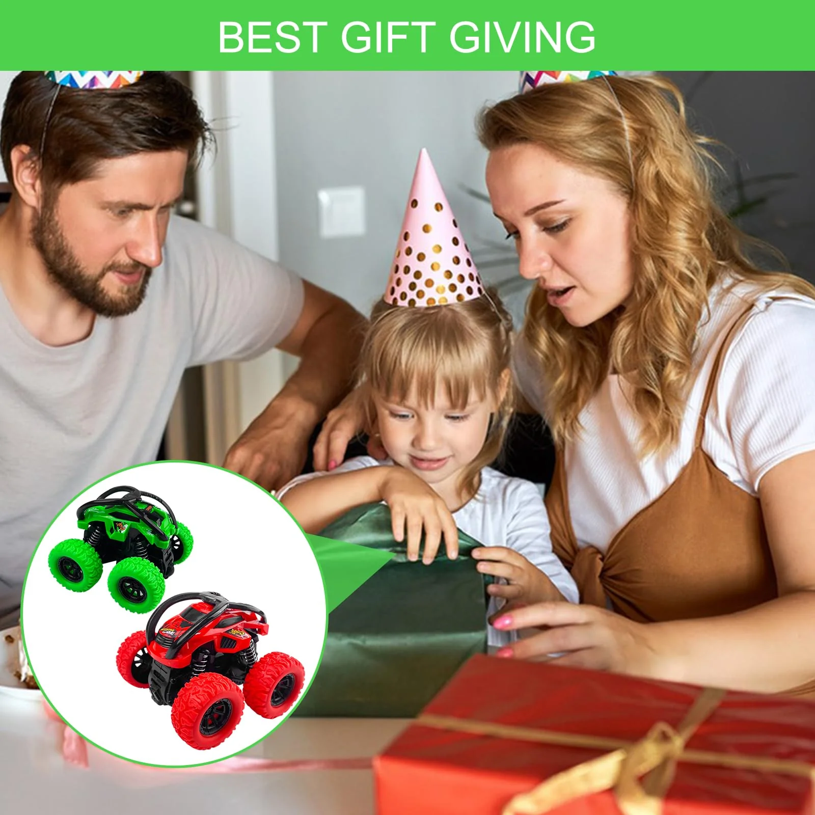 Rseuphiee 2 Stück Monster Truck, Trucks Spielzeug, Auto Kinder Spielzeug, Geländefahrzeug, Große Gummiräder 4x4 Power Trägheitsbetriebene Fahrzeuge, 360° Stunt Rotation, Rennwagen Spielset - Image 4