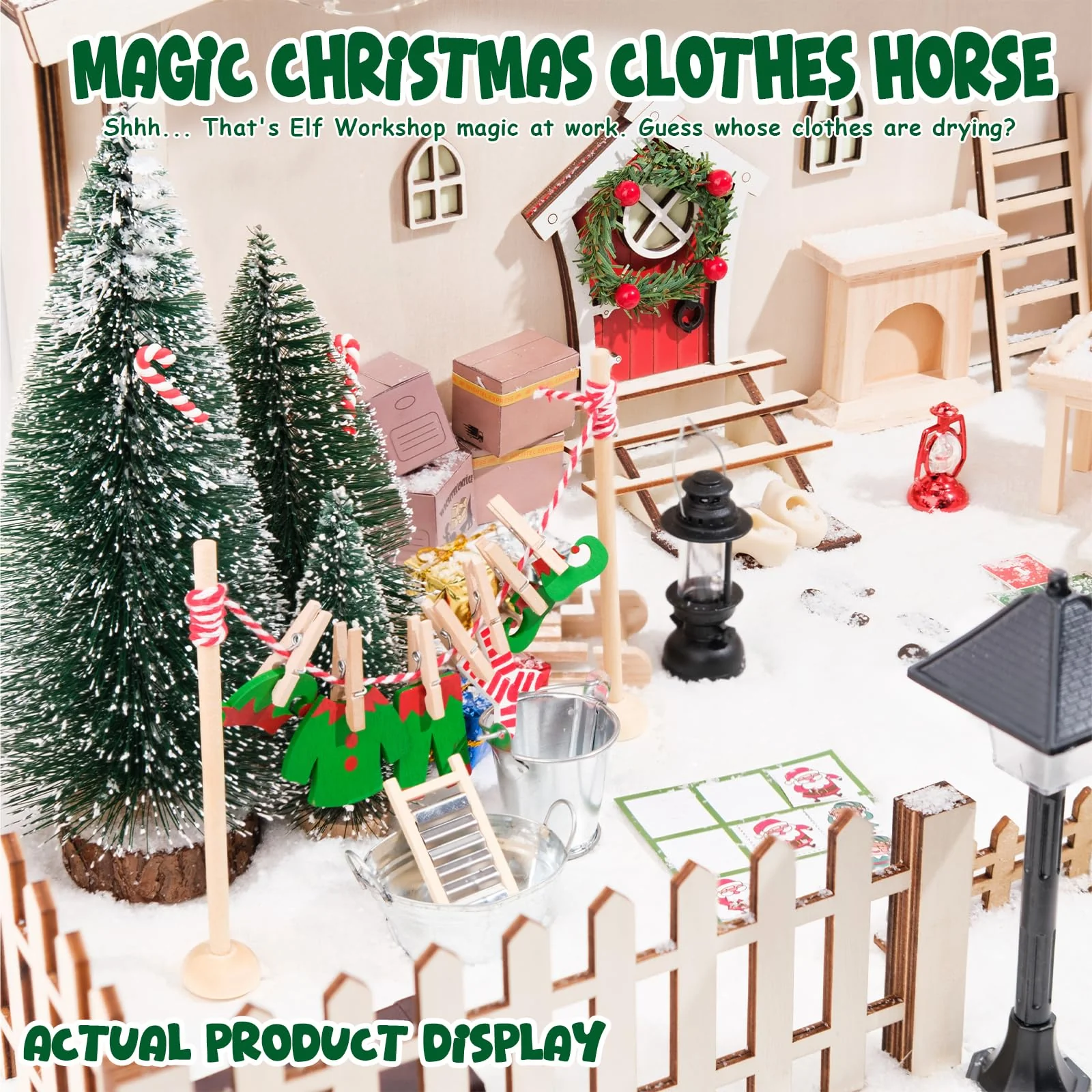 RTUOHUIN Wichtel Wäscheständer Set, 20 Stück Miniatur Wichtel Zubehör, Wichteltür Zubehör Weihnachten inkl. Holzbügel/Kleider, Eimer, Reibebretter, Kinderzimmer Dekoration für Weihnachten - Image 3