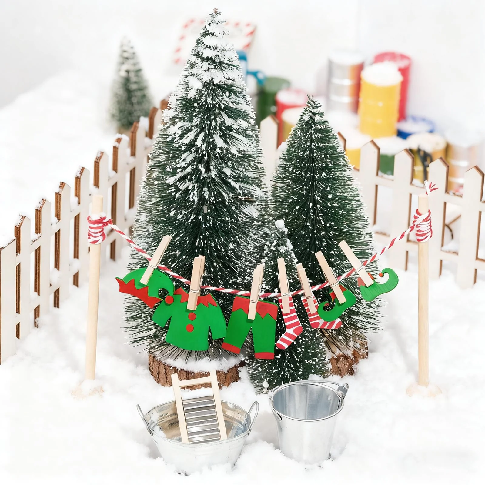RTUOHUIN Wichtel Wäscheständer Set, 20 Stück Miniatur Wichtel Zubehör, Wichteltür Zubehör Weihnachten inkl. Holzbügel/Kleider, Eimer, Reibebretter, Kinderzimmer Dekoration für Weihnachten - Image 5