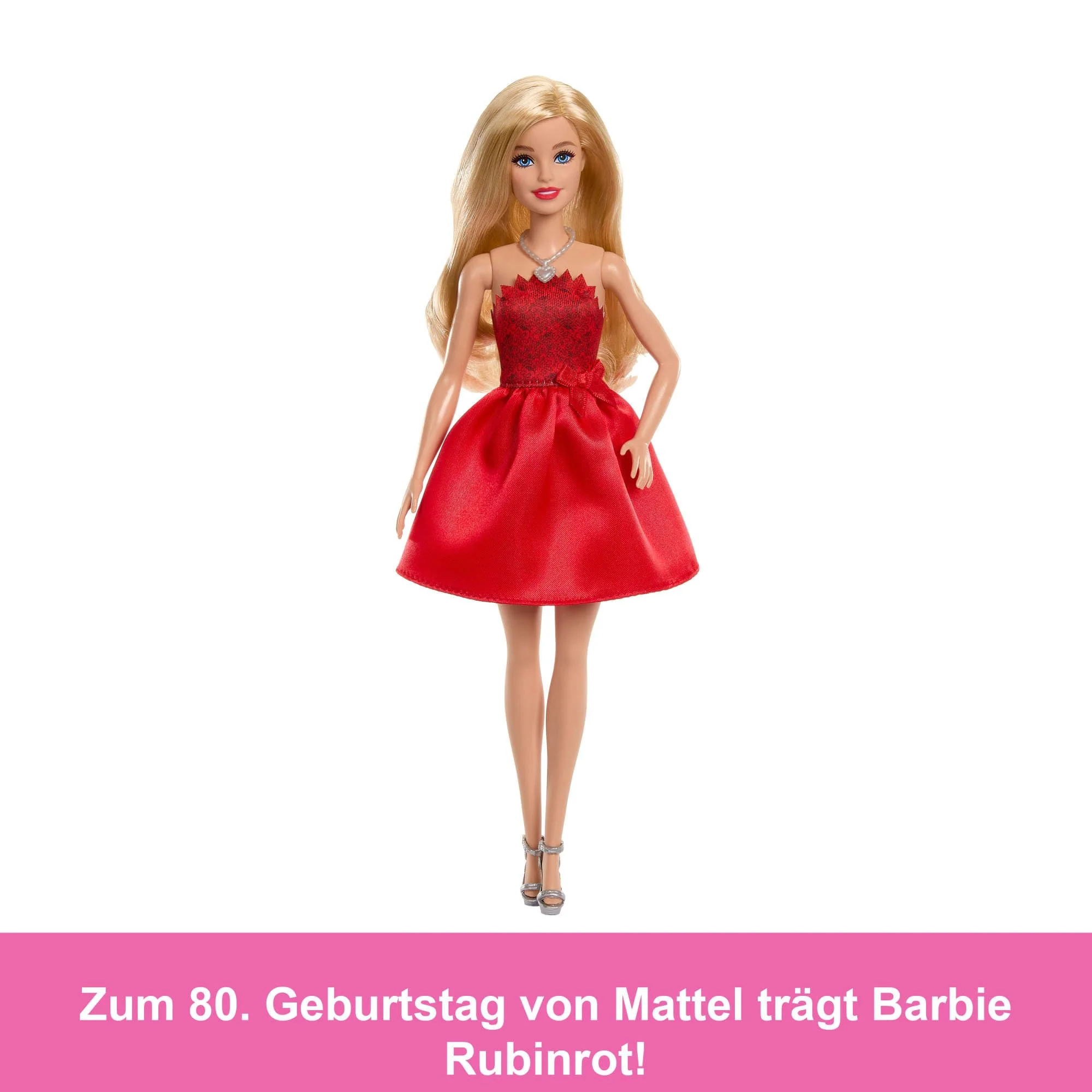 Rubinrote Blonde Barbie-Party-Modepuppe zum 80. Jubiläum von Mattel in einem roten Kleid mit silbernen Schuhen und Halskette, Sammelspielzeug, JGD25 - Image 7