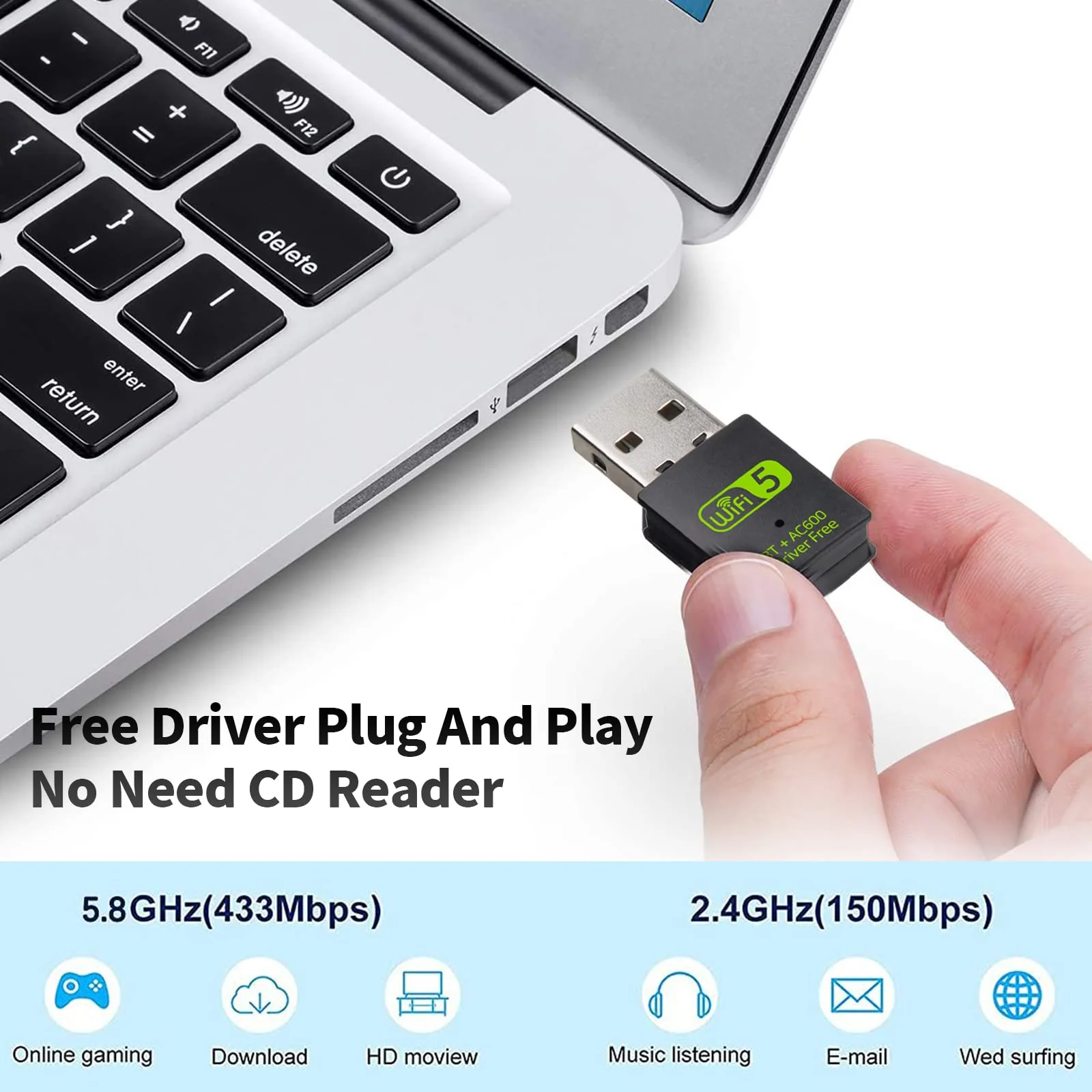 RUIZHI Bluetooth Dongle, AC600Mbit/s USB WLAN Adapter PC Dual Band 2,4G/5,8GHz, Internet Stick Karte Antenne PC/Laptop Kompatibel mit Windows 11/10/8.1/8/7/XP, Mac 10,9-10,15 - Image 2