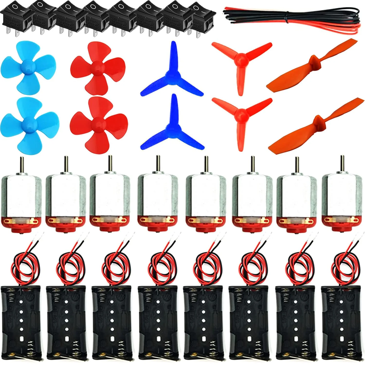 RUNCCI-YUN 8 Set DC Motors Kit,130 Micro DC Motor 1.5V-3V 12000-15000 RPM+8 pcs AA Batteriehalter+Mini Boat Schalter+Propeller+ Kabel (1m) für Kinder DIY Spielzeugautos Wissenschaftliche Experimente