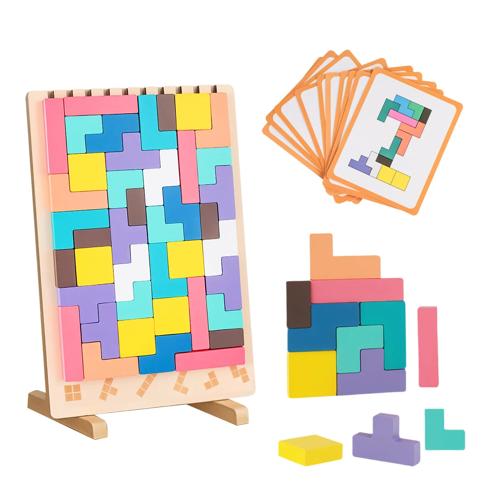 runpeak Tetris Holzspiel Kinder – Montessori Spielzeug ab 3 Jahre, Buntes Montessori Holz Tetris mit 10 Vergleichskarten, Tetris-Spiel Gehirnspielzeug Geschenk, Kinder