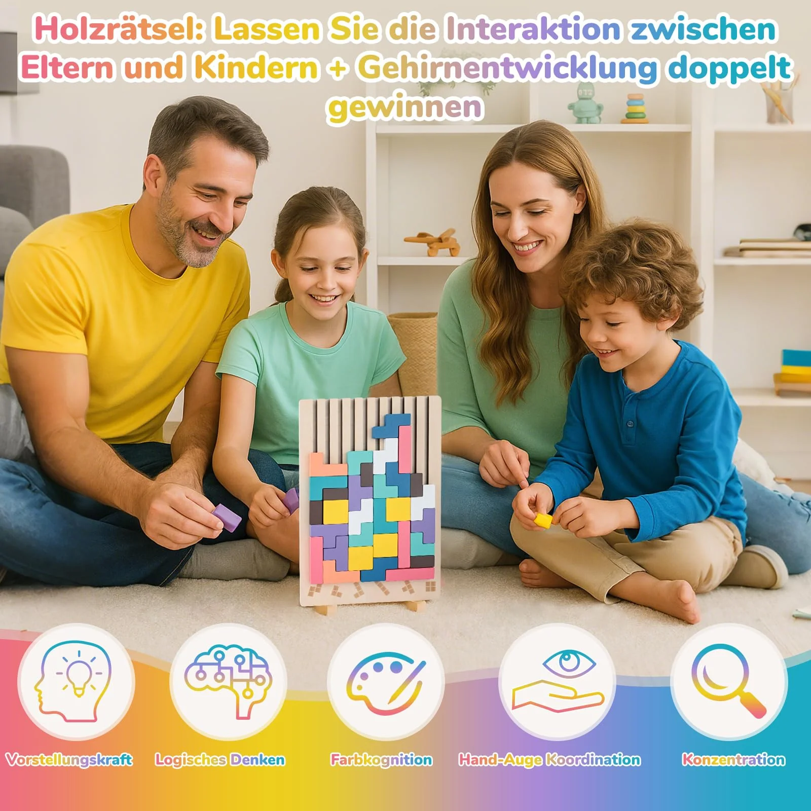 runpeak Tetris Holzspiel Kinder – Montessori Spielzeug ab 3 Jahre, Buntes Montessori Holz Tetris mit 10 Vergleichskarten, Tetris-Spiel Gehirnspielzeug Geschenk, Kinder - Image 5