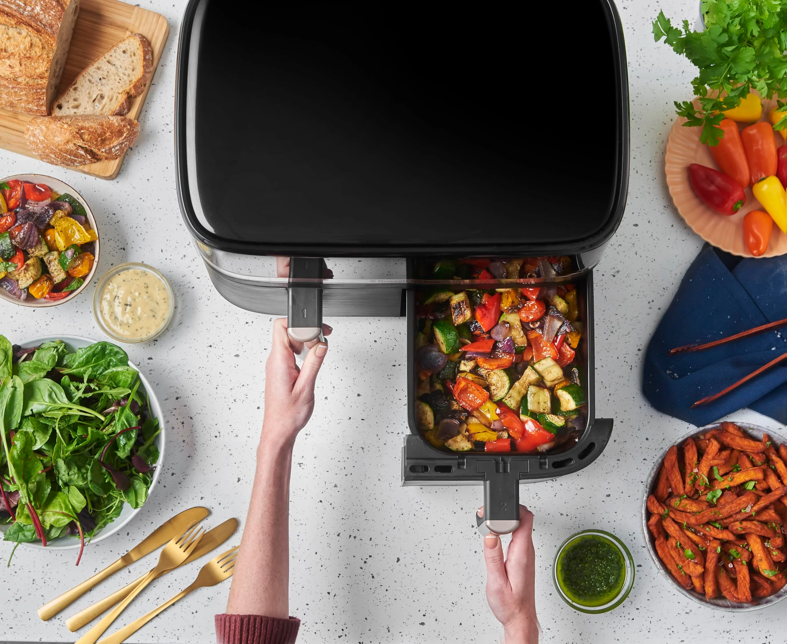 Russell Hobbs Heißluftfritteuse 2 Kammern 9L Rapid AirFryer [2 Fächer je 4,5l, sehr leiser Betrieb, 9 Programme] SatisFry Fritteuse (spülmaschinenfest, Match & Synchronisierungsfunktion) 27681-56 - Image 8