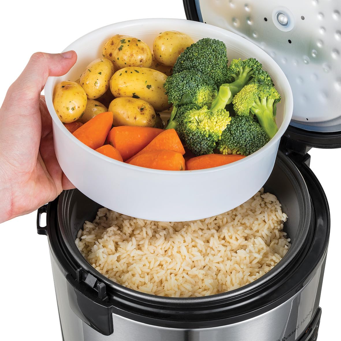 Russell Hobbs Reiskocher [Testsieger] 1,2l inkl. Dampfgarer -Einsatz mit Aroma-Klappdeckel (Warmhaltefunktion, antihaftbeschichteter Gartopf, Reislöffel & Messbecher, Edelstahl) 27080-56 - Image 3