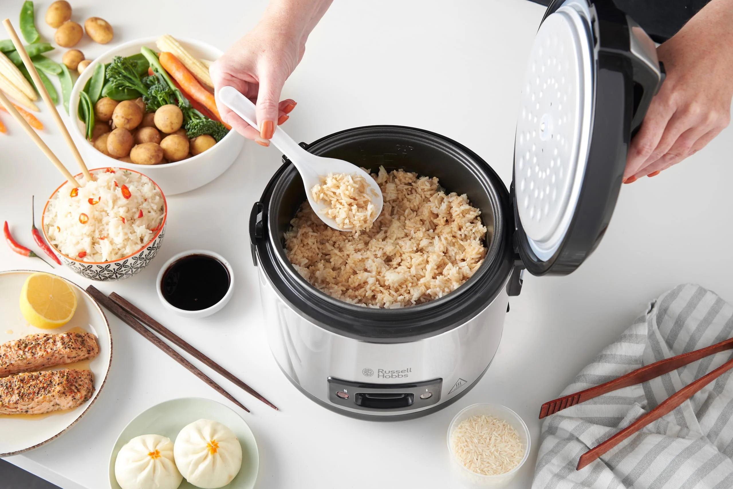 Russell Hobbs Reiskocher [Testsieger] 1,2l inkl. Dampfgarer -Einsatz mit Aroma-Klappdeckel (Warmhaltefunktion, antihaftbeschichteter Gartopf, Reislöffel & Messbecher, Edelstahl) 27080-56 - Image 9