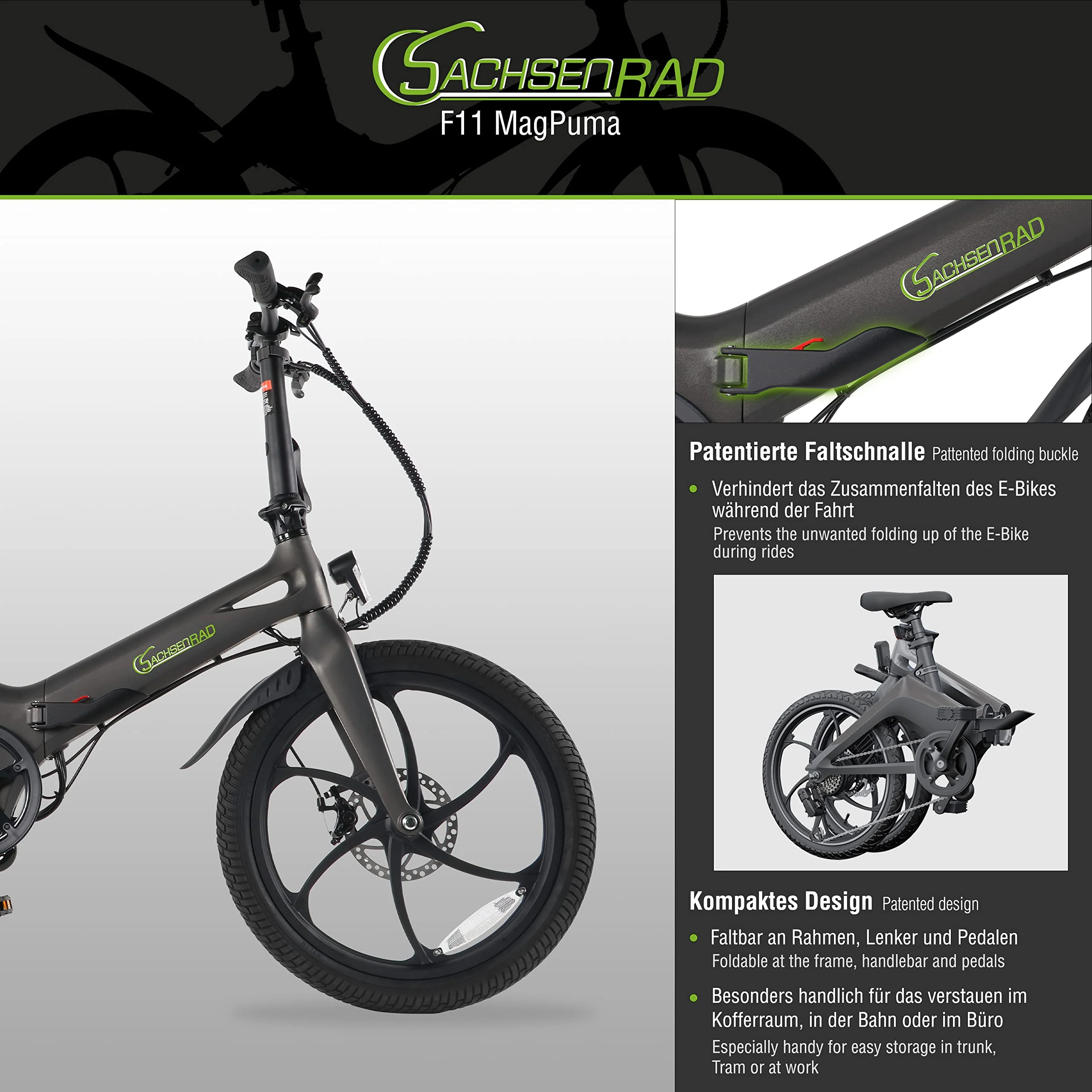 SachsenRAD F11 MagPuma Falt-Elektrofahrrad mit IF-Designsieger-Transporttasche, ultraleichter Magnesiumrahmen nur 19 kg, 20 Zoll mit StVZO-Zulassung - Image 5