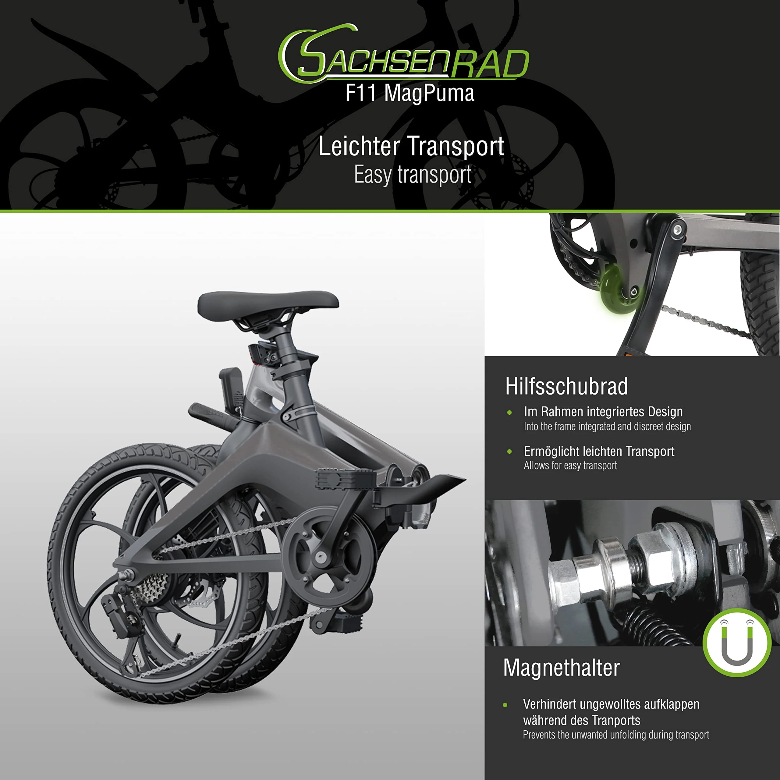 SachsenRAD F11 MagPuma Falt-Elektrofahrrad mit IF-Designsieger-Transporttasche, ultraleichter Magnesiumrahmen nur 19 kg, 20 Zoll mit StVZO-Zulassung - Image 6