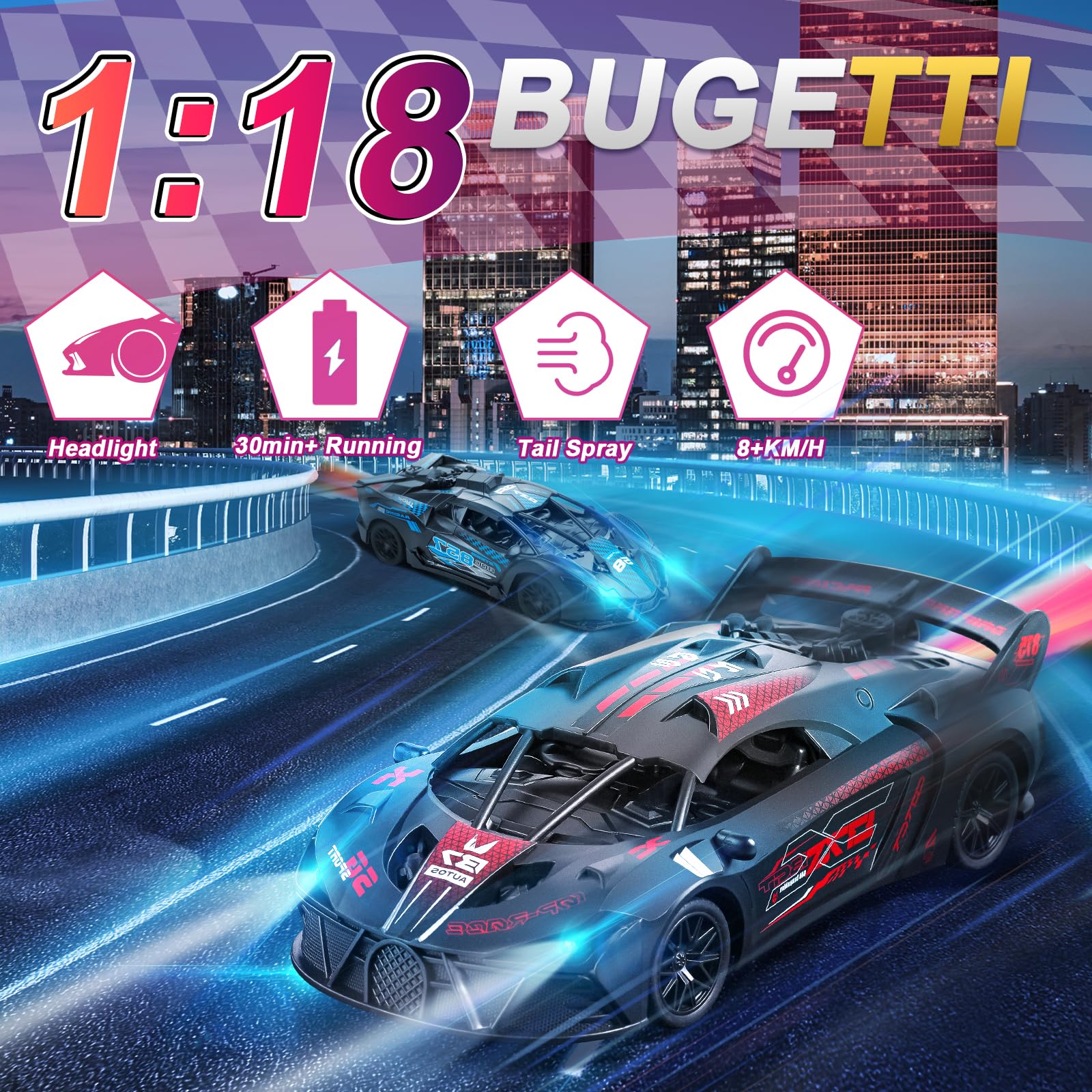 SAIFILI Bugetti Ferngesteuertes Auto ab 3 4 5 6 7 8+ Jahre, 2.4G RC Auto Spielzeug mit Fernbedienung, 1:18 Kinder Rennauto Ferngesteuerte mit Sprühfunktion, Aufladbarer Batterie, LED Licht, Rot - Image 8