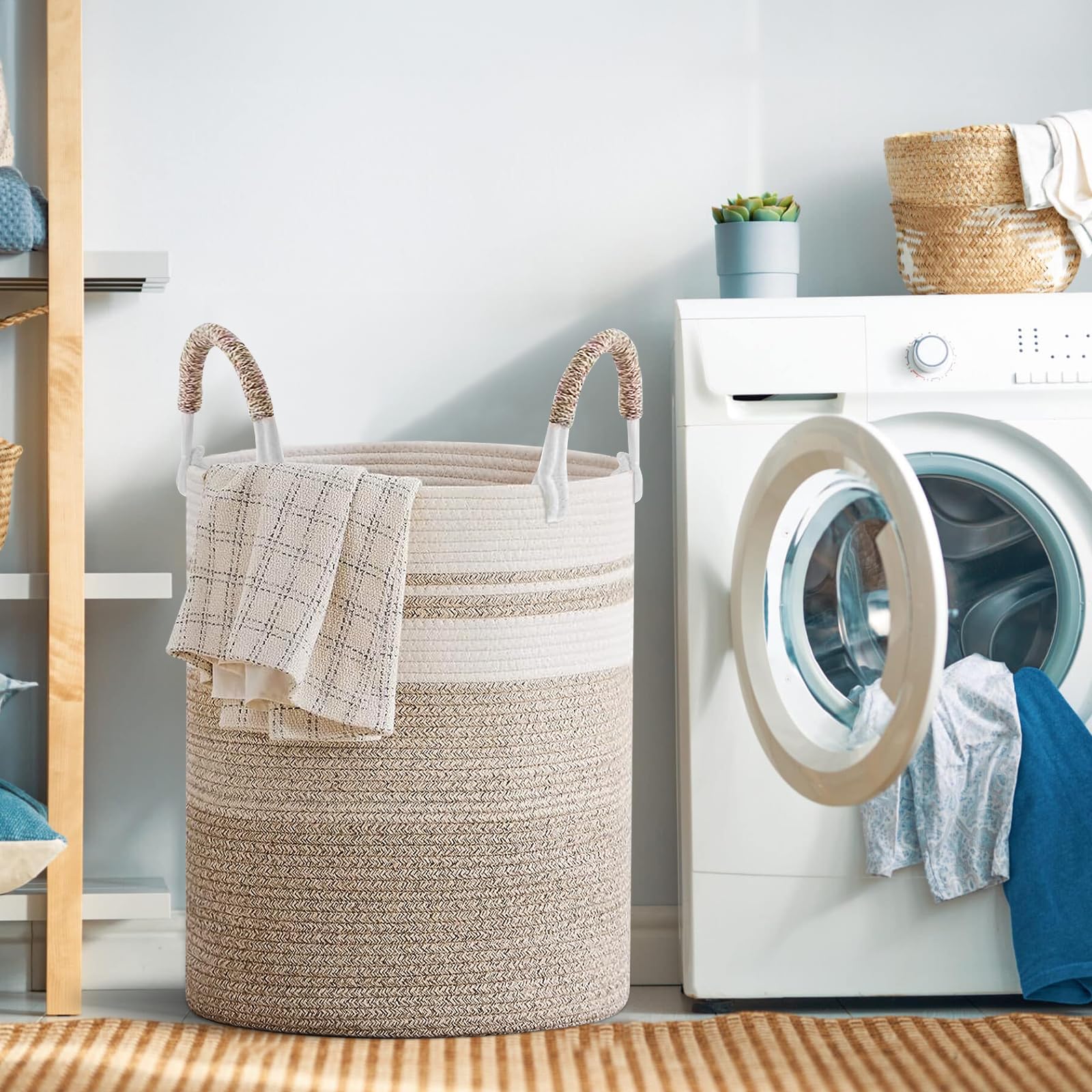 SaiXuan Wäschekorb Geflochten, 50L Wäschesammler mit Henkel - Zweifarbiger Geflochtener Wäschekorb für Schlafzimmer, Badezimmer, Spielzeug und Aufbewahrung, Stilvoll und Langlebig, 37x47cm