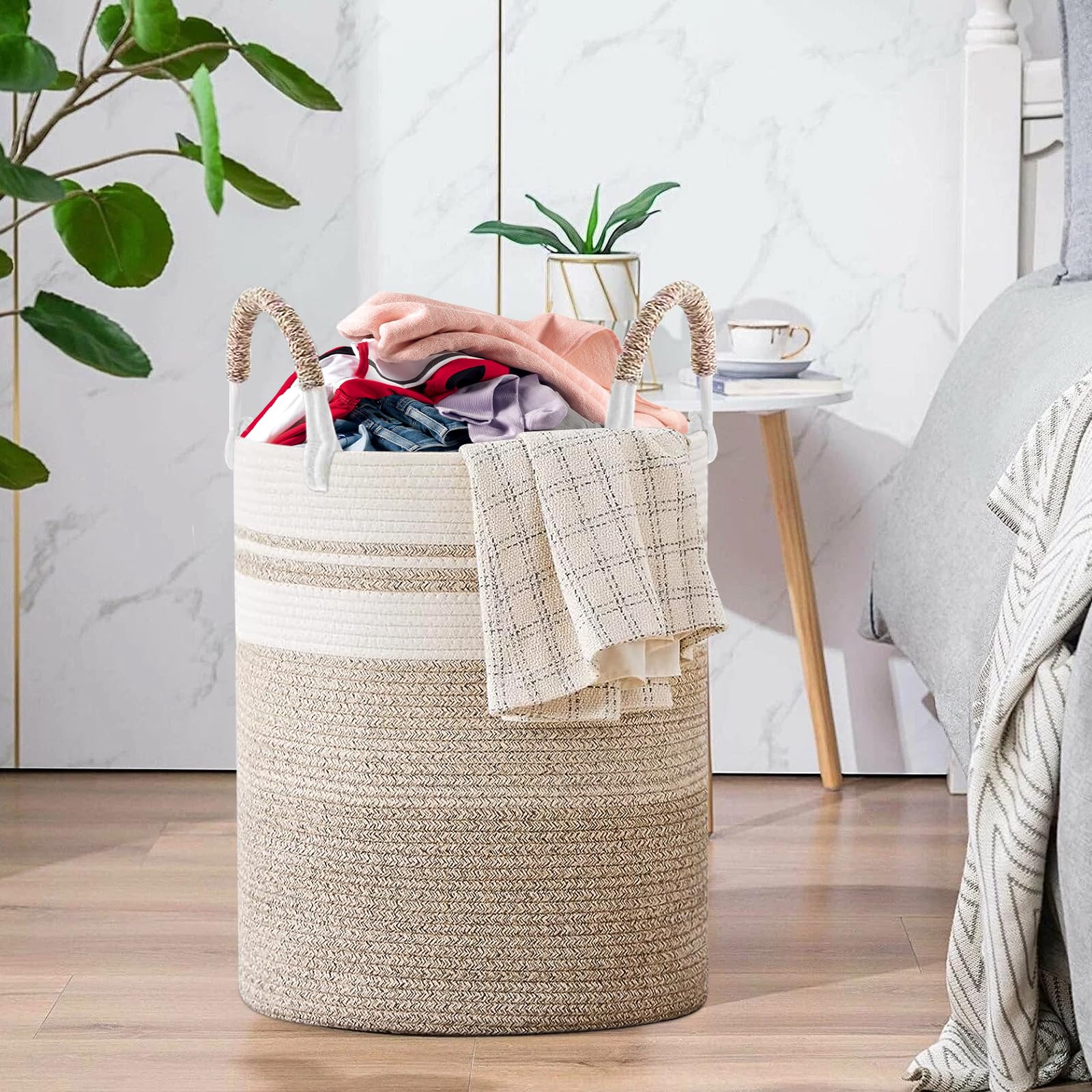 SaiXuan Wäschekorb Geflochten, 50L Wäschesammler mit Henkel - Zweifarbiger Geflochtener Wäschekorb für Schlafzimmer, Badezimmer, Spielzeug und Aufbewahrung, Stilvoll und Langlebig, 37x47cm - Image 4