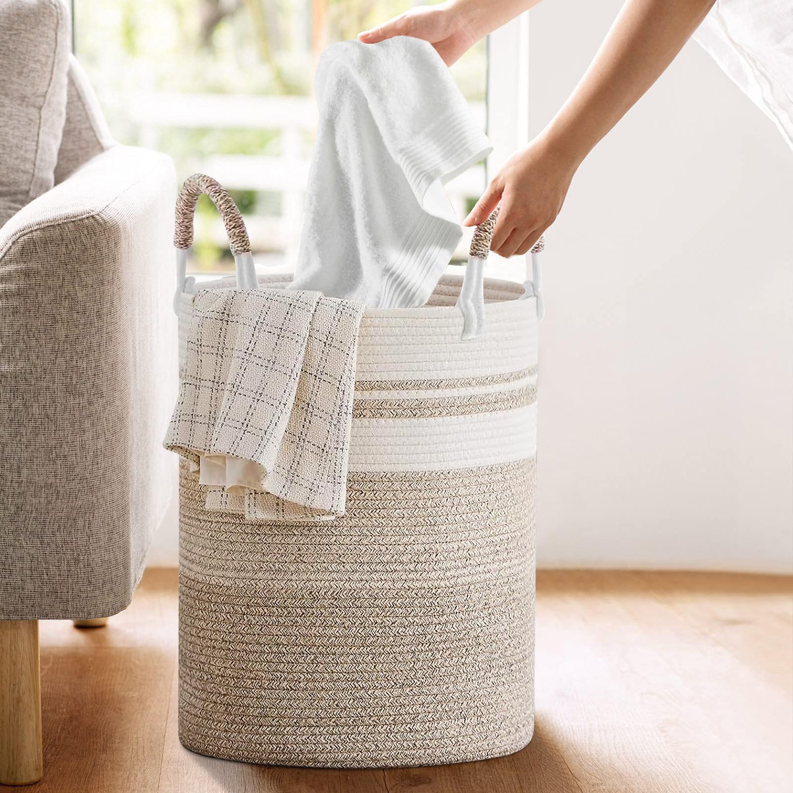 SaiXuan Wäschekorb Geflochten, 50L Wäschesammler mit Henkel - Zweifarbiger Geflochtener Wäschekorb für Schlafzimmer, Badezimmer, Spielzeug und Aufbewahrung, Stilvoll und Langlebig, 37x47cm - Image 5