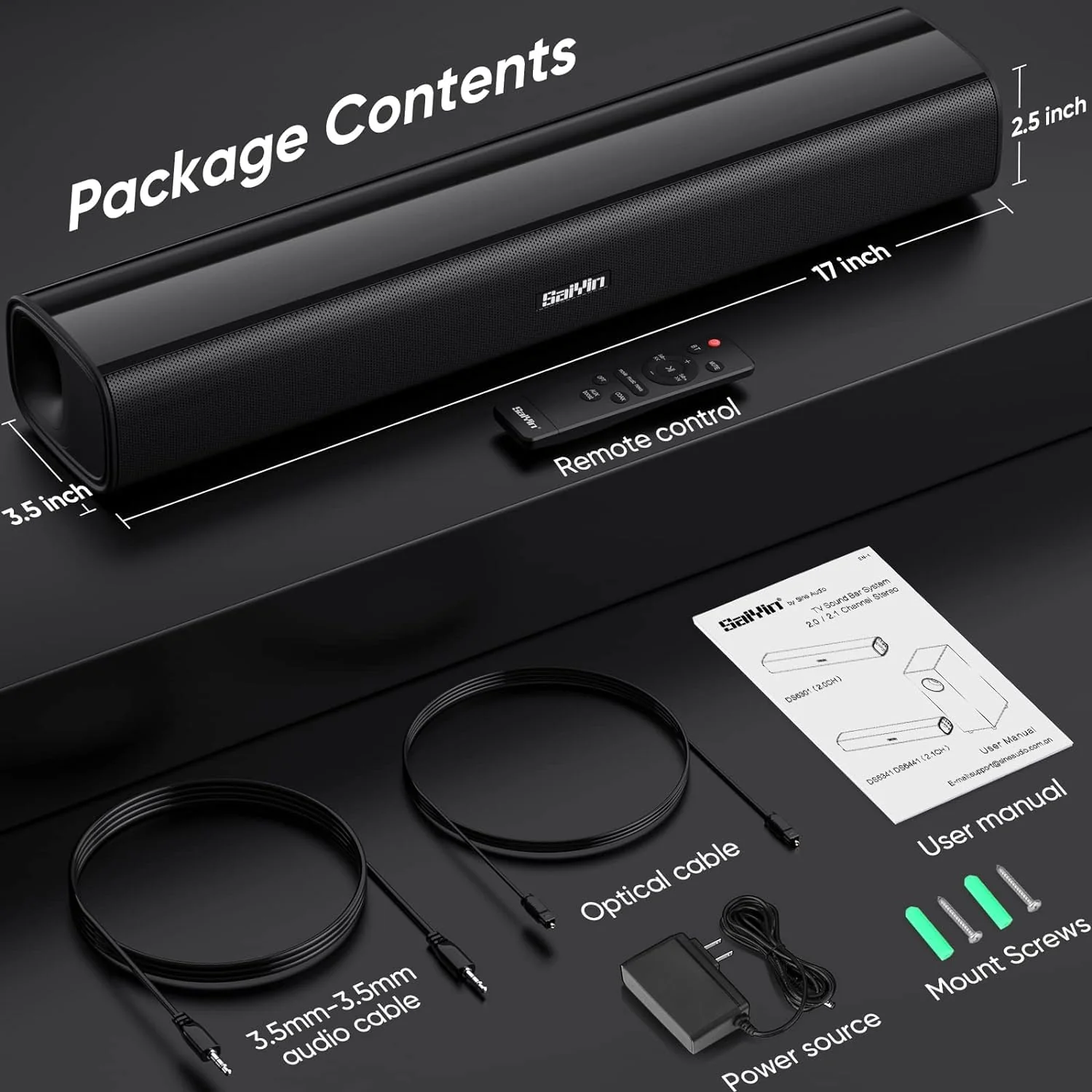 Saiyin Soundbar für TV Geräte, 40 Watt kleine Soundbar für TV, Surround Sound System TV Soundbar Lautsprecher mit Bluetooth/Optical/AUX Anschluss für PC/Gaming/Projektoren, 17 Zoll - Image 2
