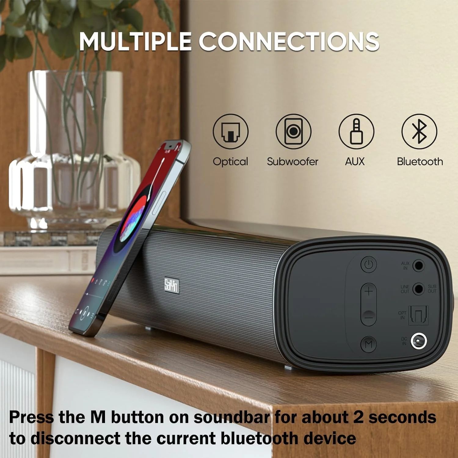Saiyin Soundbar für TV Geräte, 40 Watt kleine Soundbar für TV, Surround Sound System TV Soundbar Lautsprecher mit Bluetooth/Optical/AUX Anschluss für PC/Gaming/Projektoren, 17 Zoll - Image 3