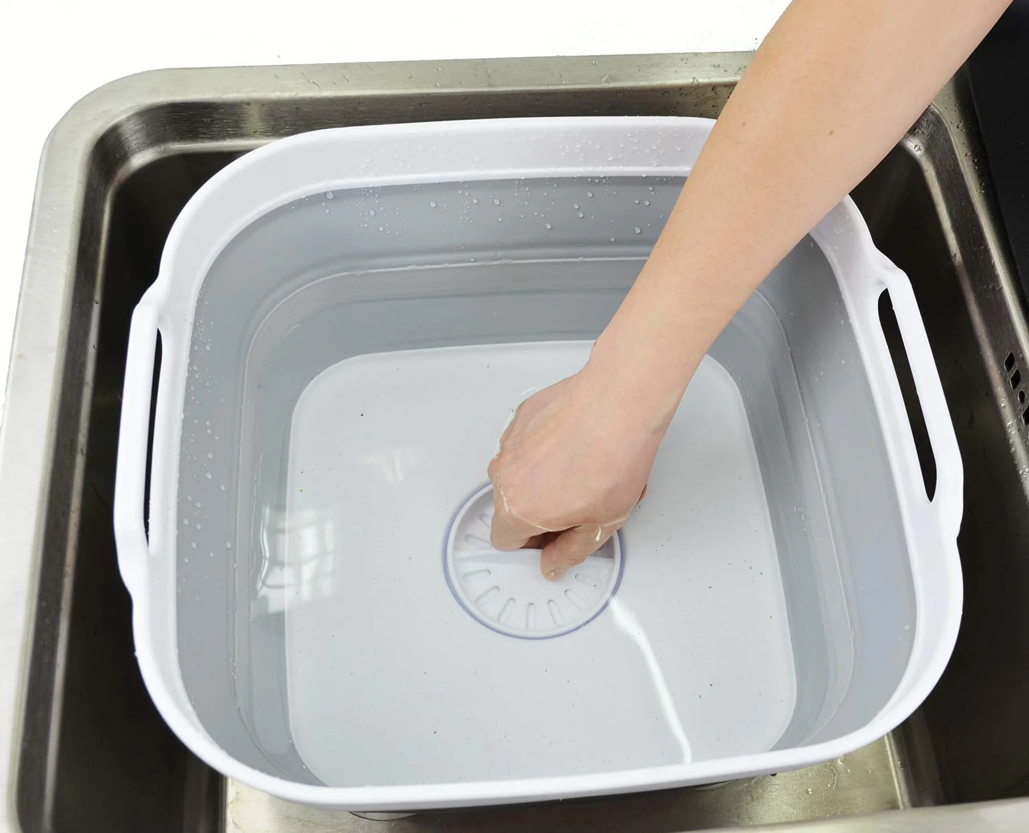 SAMMART 10L Faltschale Plastik mit Ablassschraube - Faltbares Waschbecken - Tragbare Geschirrspülwanne - Platzsparendes Küchenablagefach (Weiß/Grau, 1) - Image 2