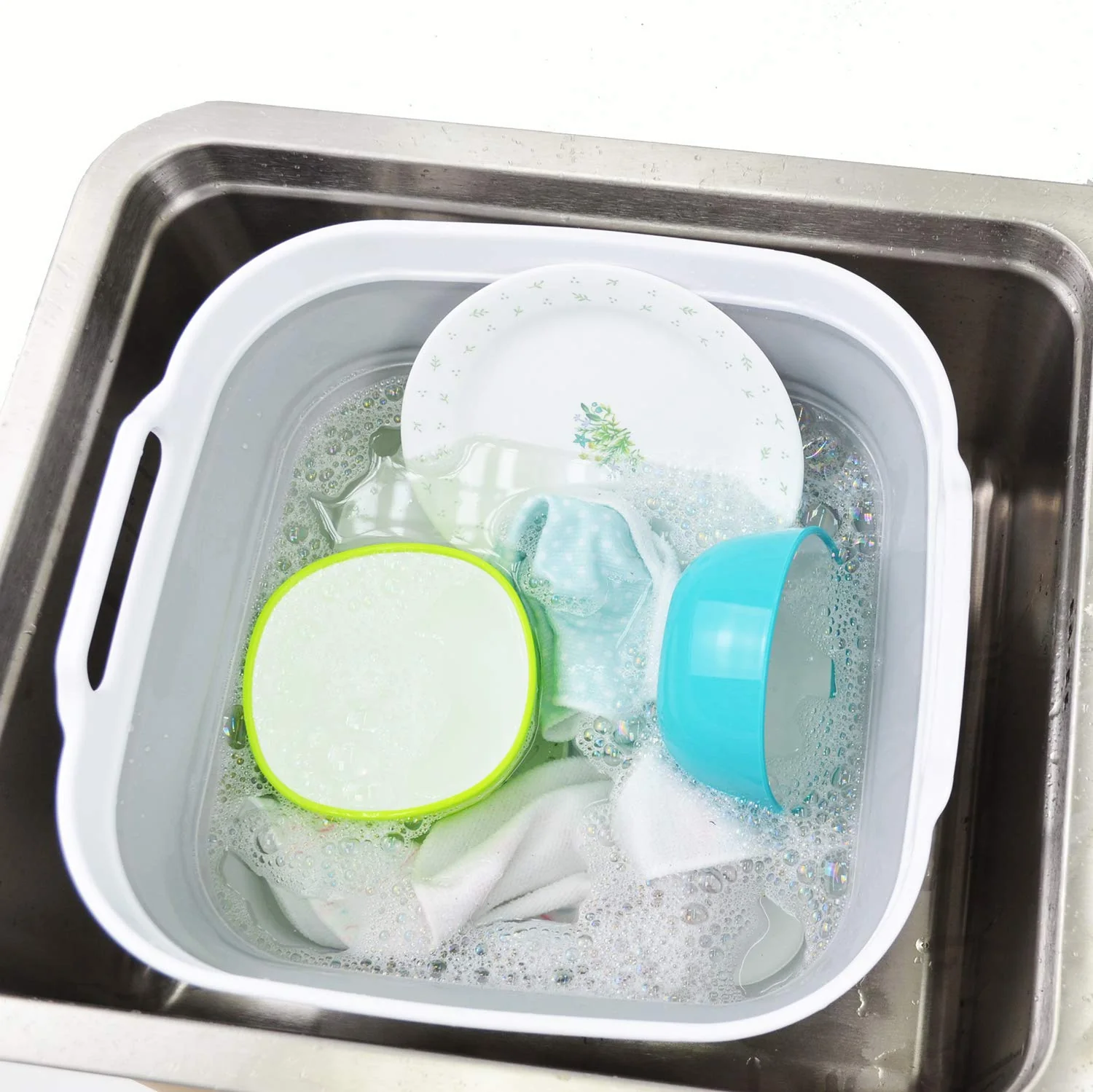 SAMMART 10L Faltschale Plastik mit Ablassschraube - Faltbares Waschbecken - Tragbare Geschirrspülwanne - Platzsparendes Küchenablagefach (Weiß/Grau, 1) - Image 4