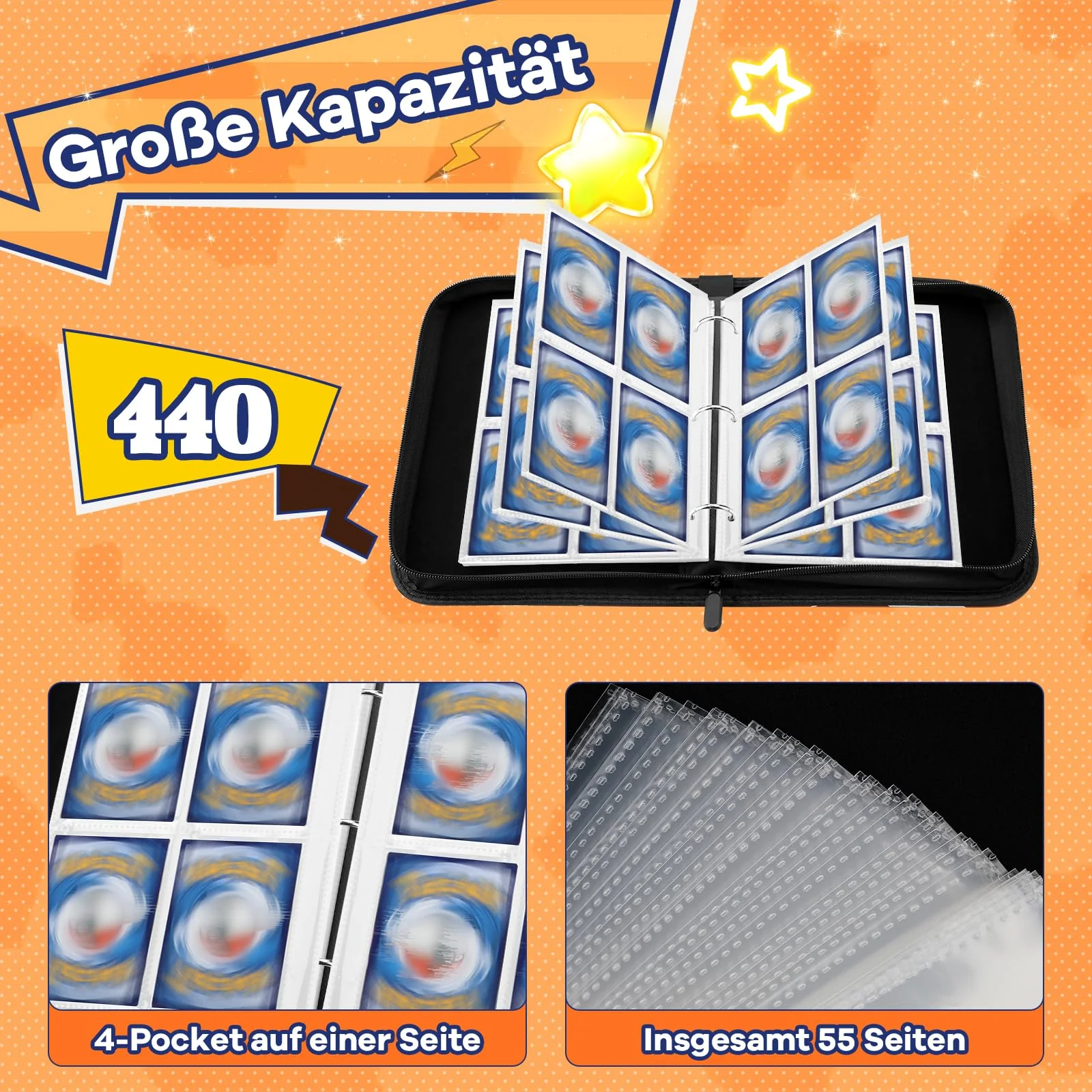 Sammelalbum für TCG Karten, 400 Karten Sammelkarten Album 4 Taschen 50 Seiten, Wasserdicht PU Leder Reißverschluss Binder für Sammelkarten, Geschenk für kinder Jungen Mädchen - Image 5