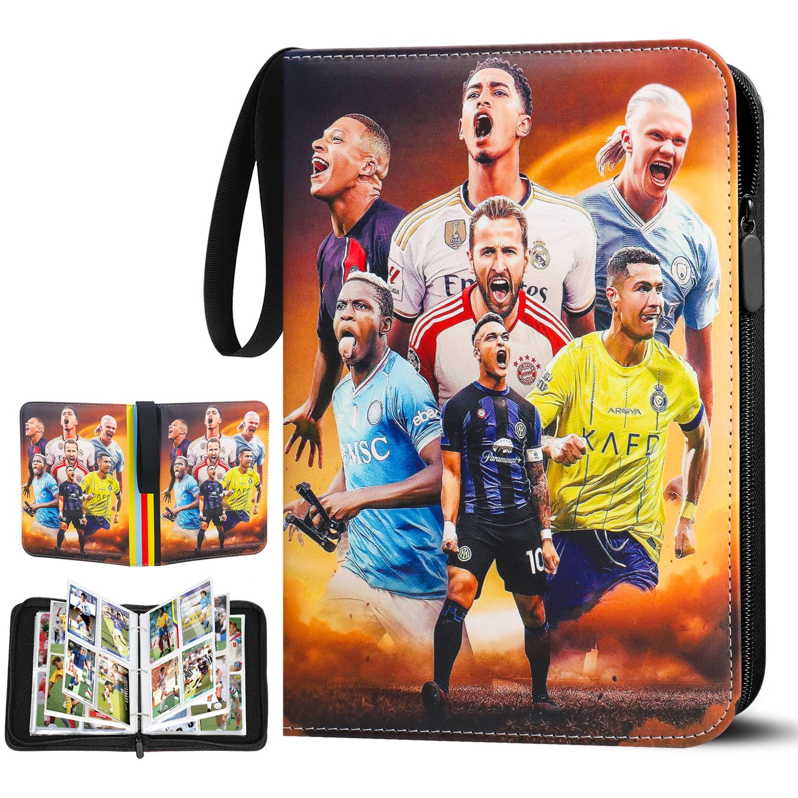Sammelalbum Fußball Karten, 4 Taschen 50 Pcs Seite Sammelkarten Album für bis zu 400 Karten, Karten Ordner Heft mit Reißverschluss zum Sammeln und Tauschen, Geschenk für Kinder Jungen Mädche