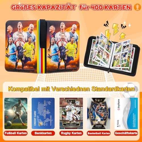 Sammelalbum Fußball Karten, 4 Taschen 50 Pcs Seite Sammelkarten Album für bis zu 400 Karten, Karten Ordner Heft mit Reißverschluss zum Sammeln und Tauschen, Geschenk für Kinder Jungen Mädche - Image 4