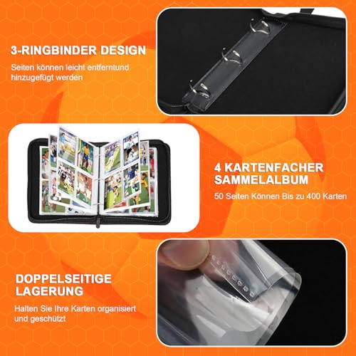 Sammelalbum Fußball Karten, 4 Taschen 50 Pcs Seite Sammelkarten Album für bis zu 400 Karten, Karten Ordner Heft mit Reißverschluss zum Sammeln und Tauschen, Geschenk für Kinder Jungen Mädche - Image 5